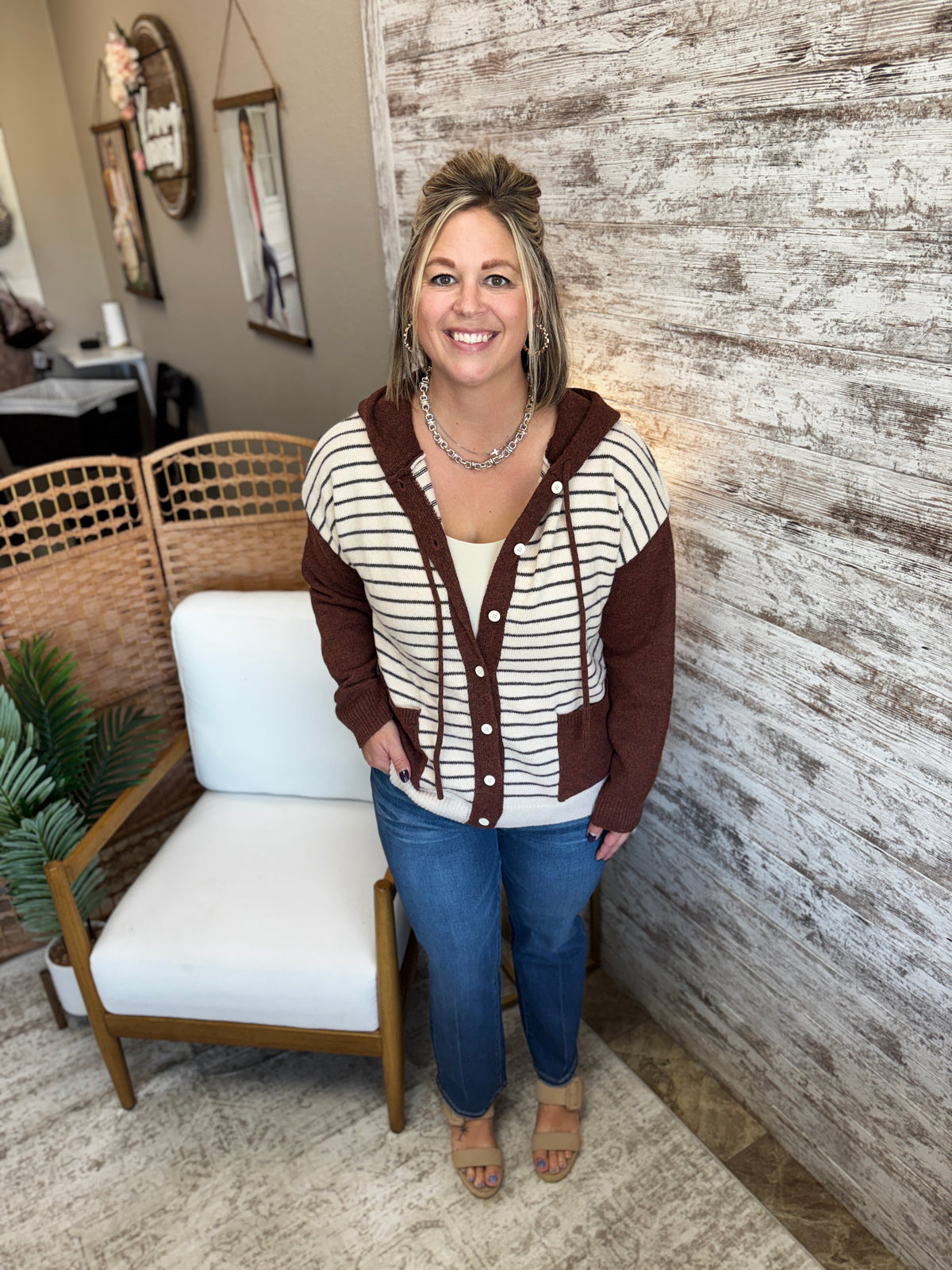 Oatmeal Color Blocked Button Down Hoodie Cardigan