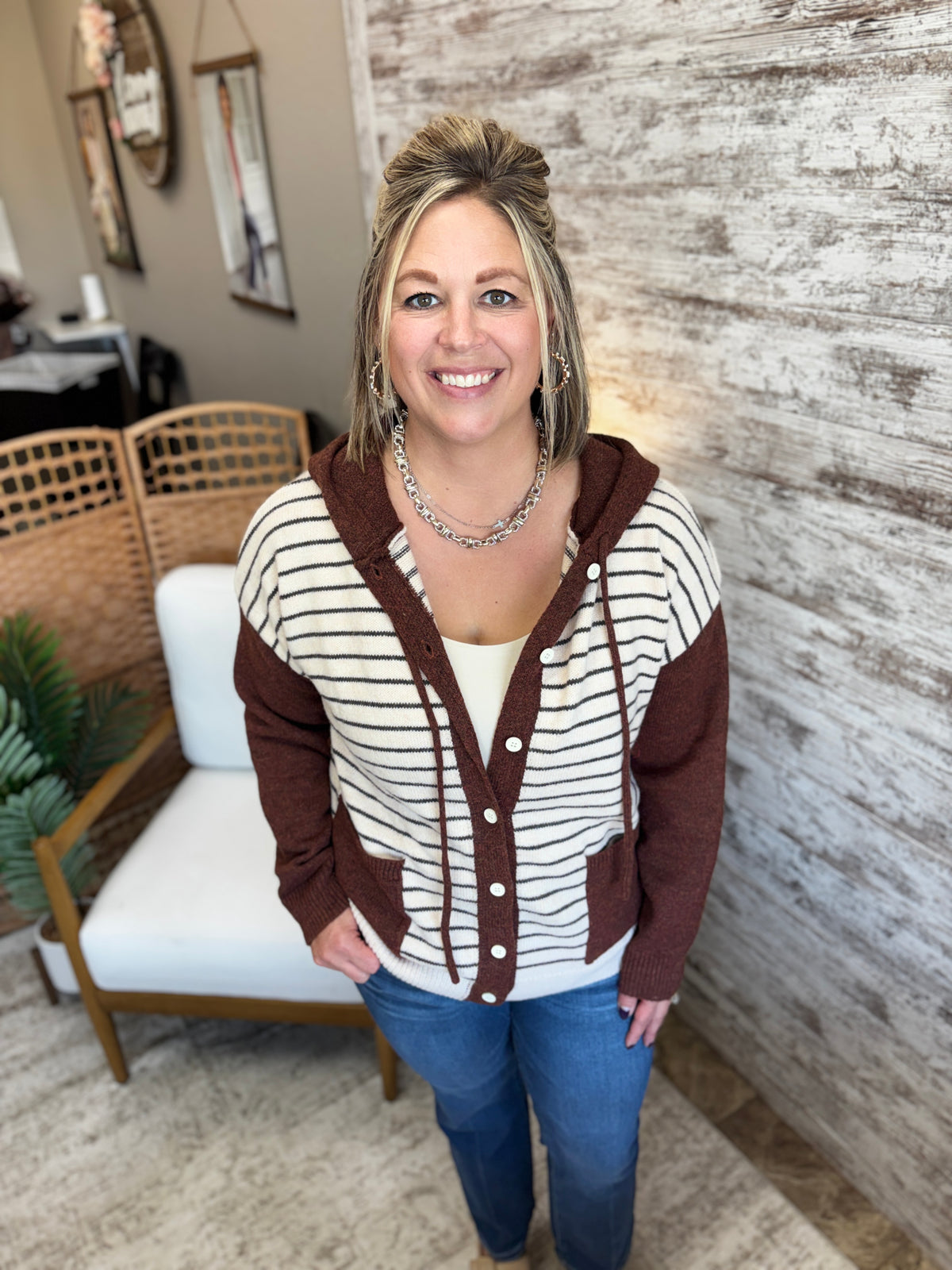 Oatmeal Color Blocked Button Down Hoodie Cardigan