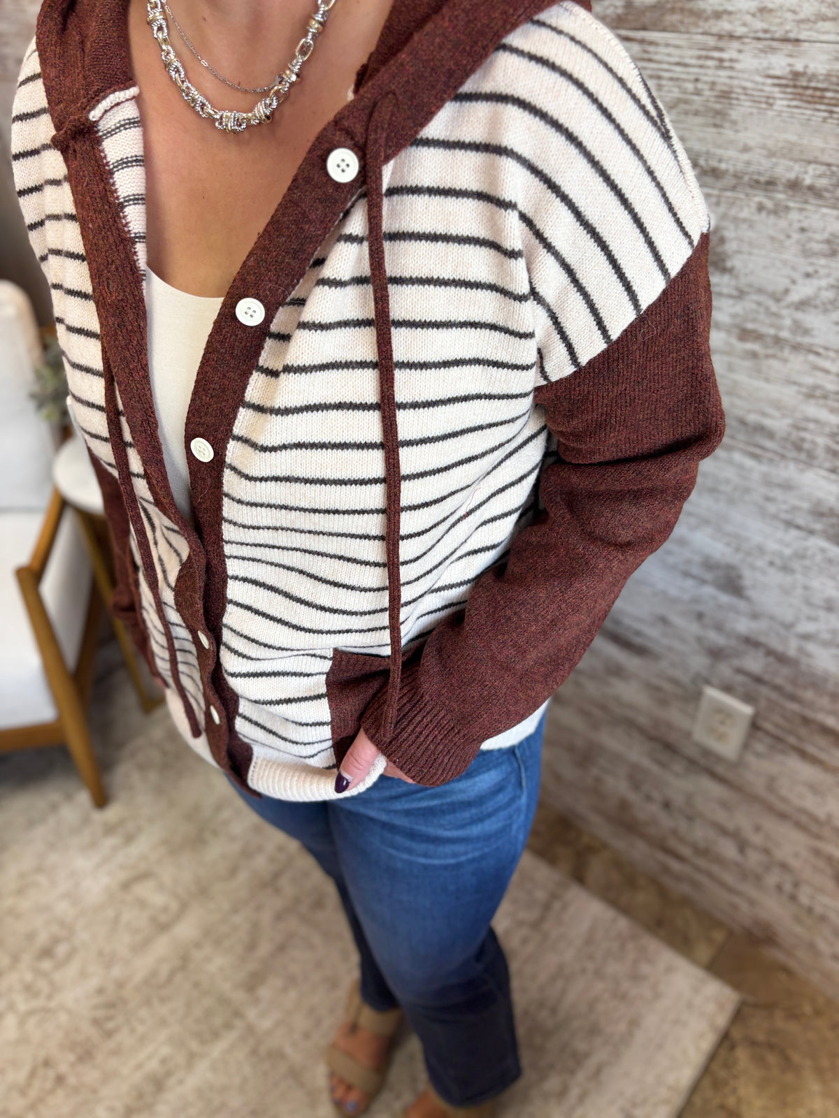 Oatmeal Color Blocked Button Down Hoodie Cardigan