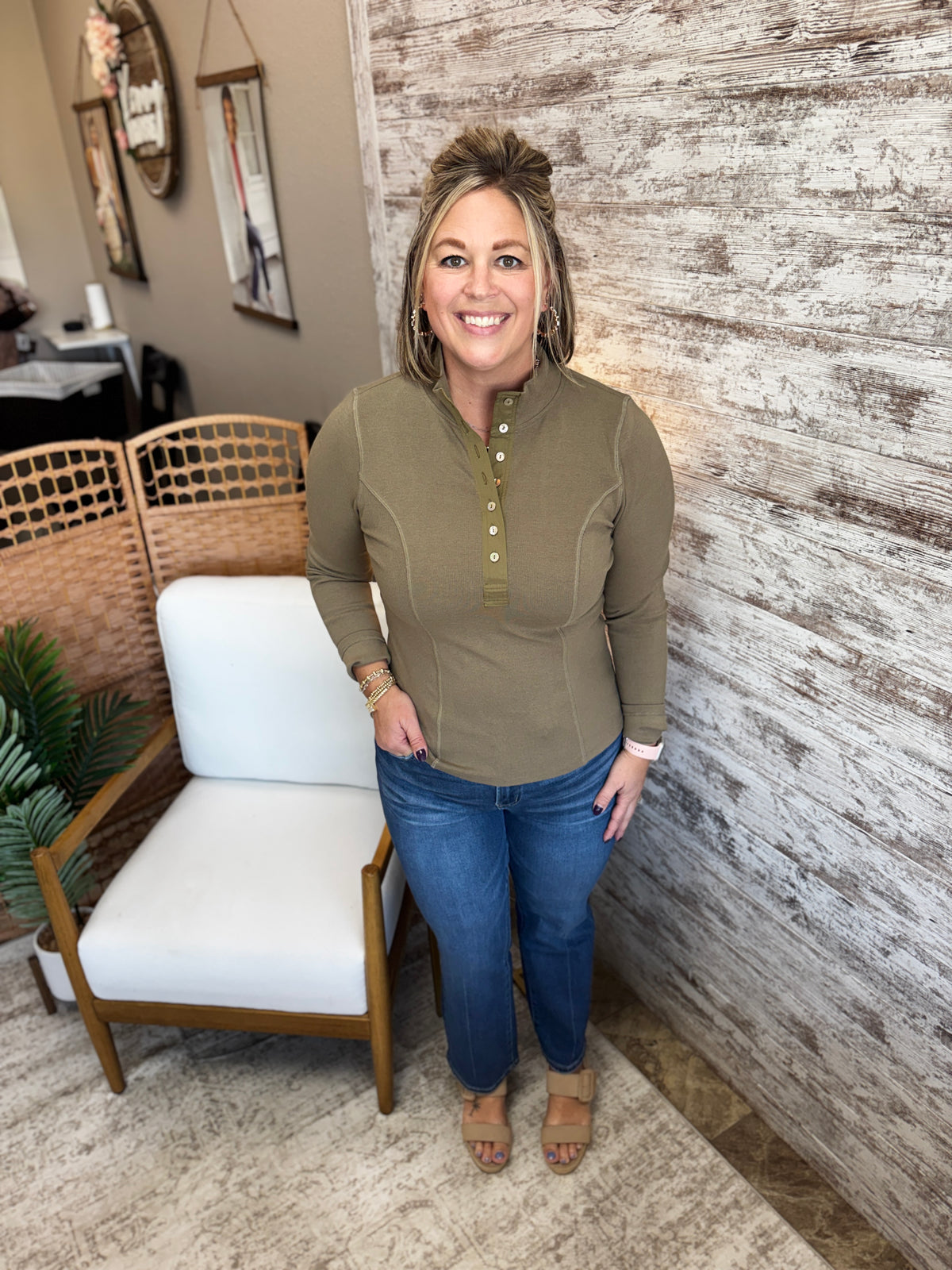 Light Olive Mock Half Button Fitted Rib Top