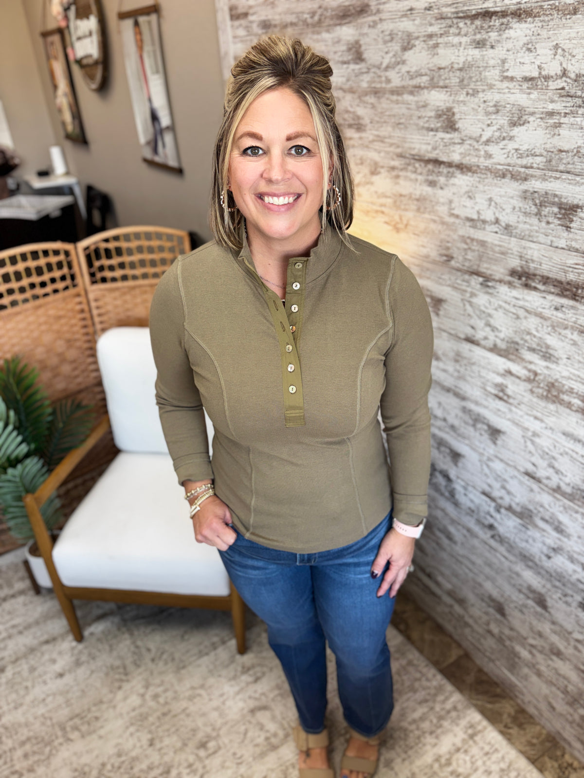 Light Olive Mock Half Button Fitted Rib Top