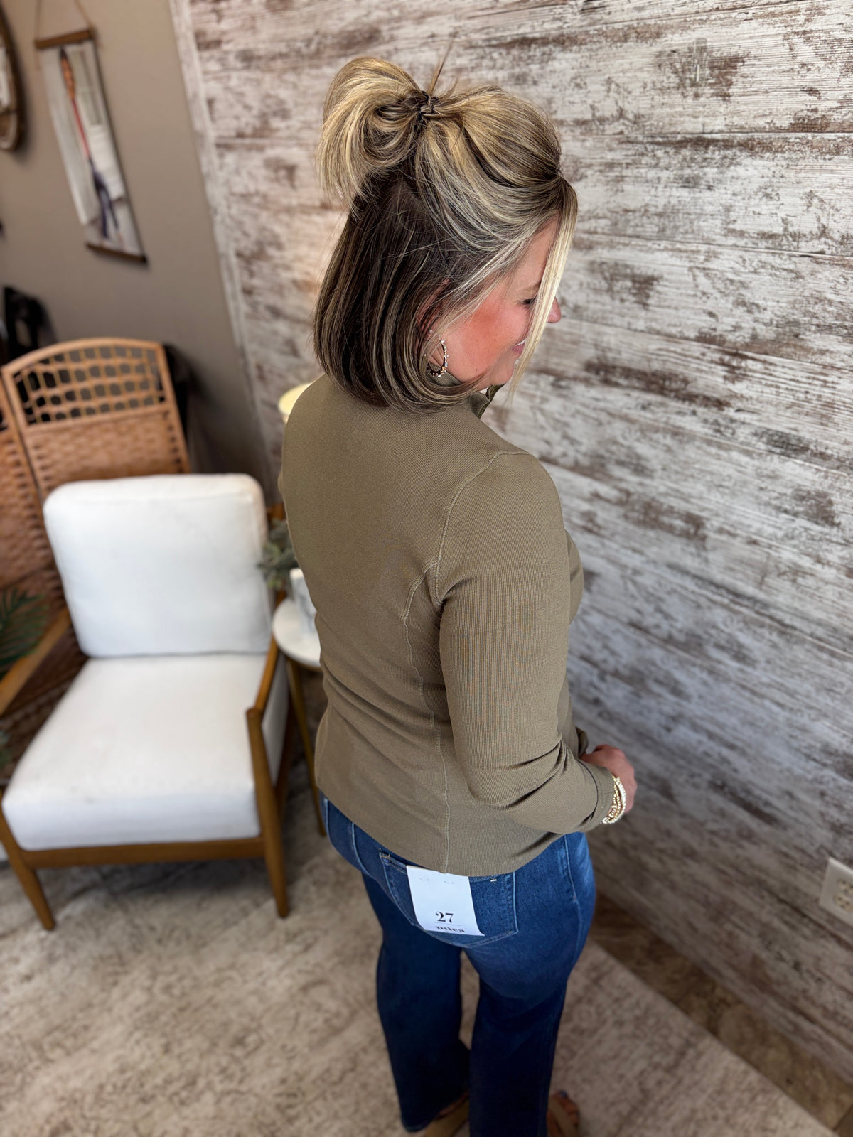 Light Olive Mock Half Button Fitted Rib Top