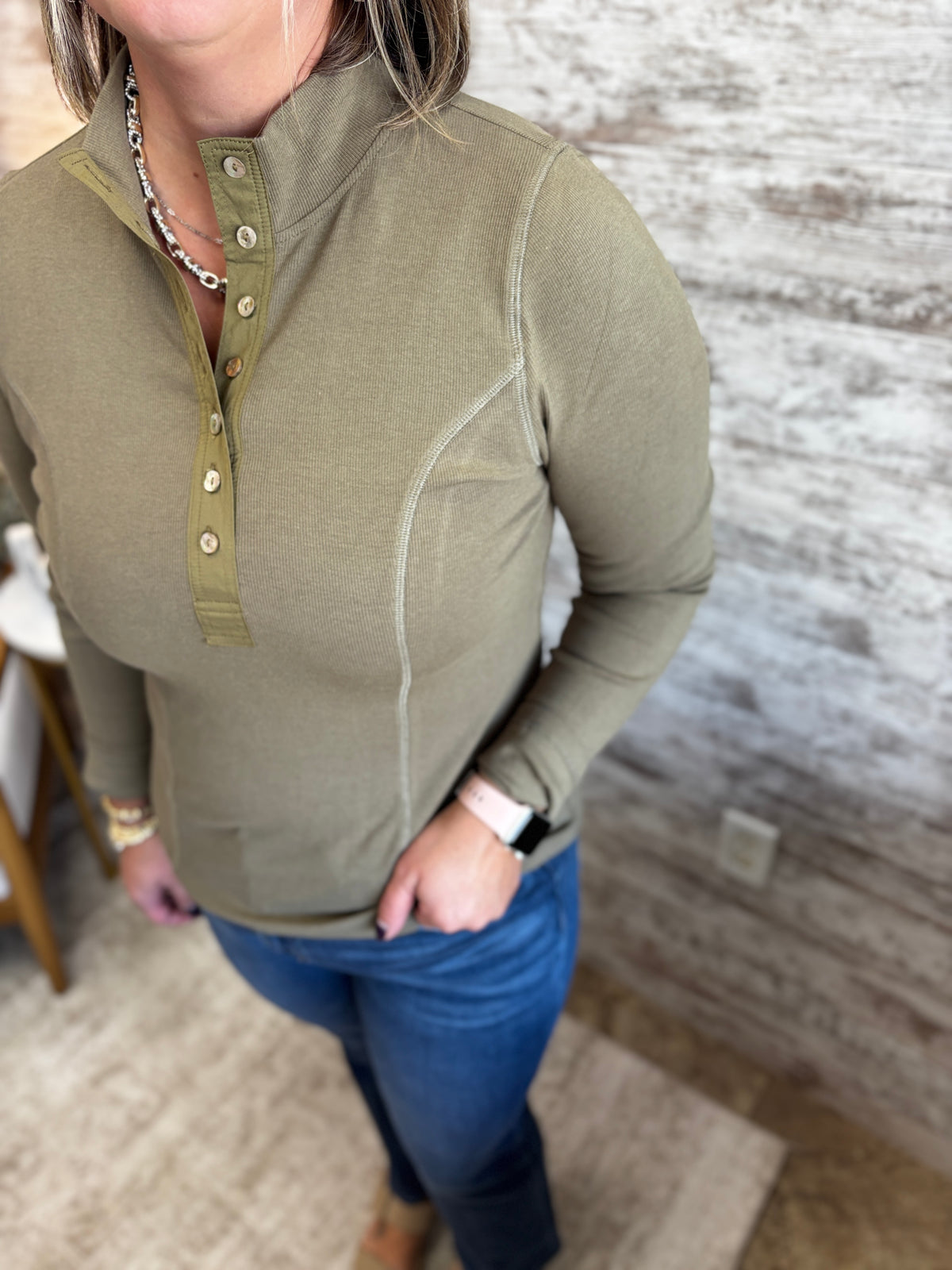 Light Olive Mock Half Button Fitted Rib Top