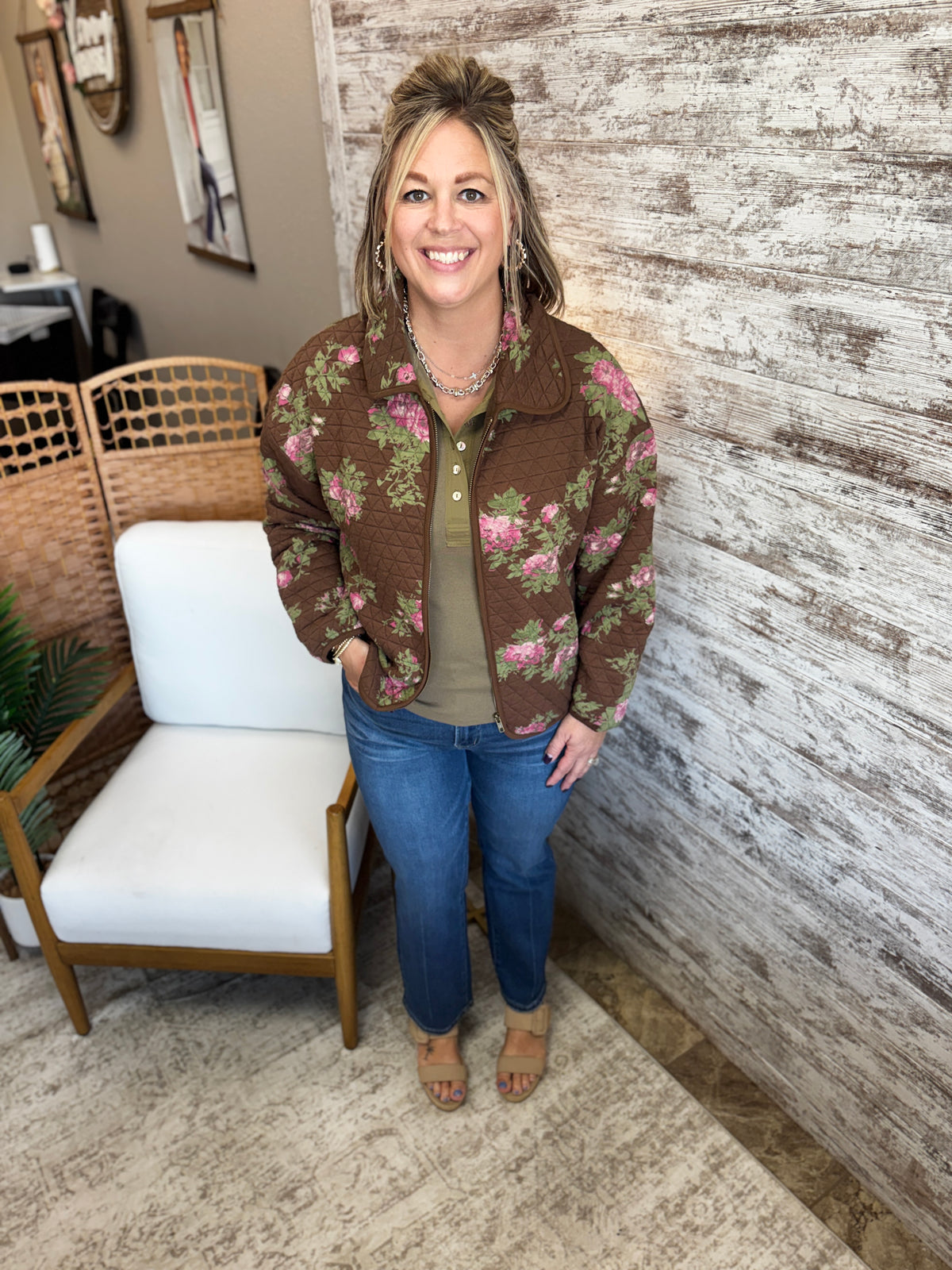 Brown Floral Print Quilted Zip-Up Jacket