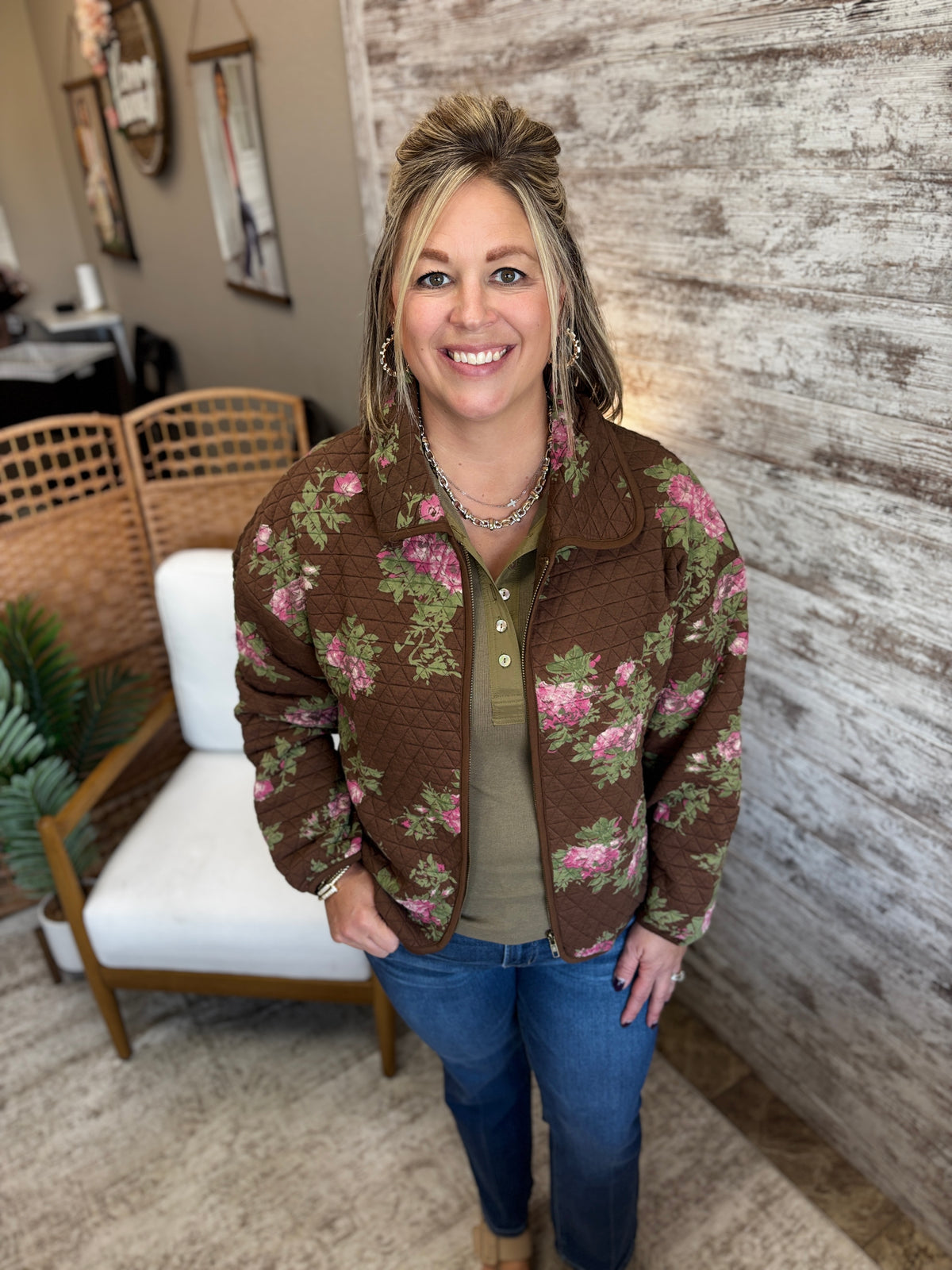 Brown Floral Print Quilted Zip-Up Jacket