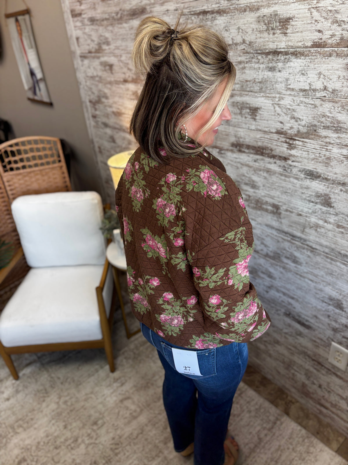 Brown Floral Print Quilted Zip-Up Jacket