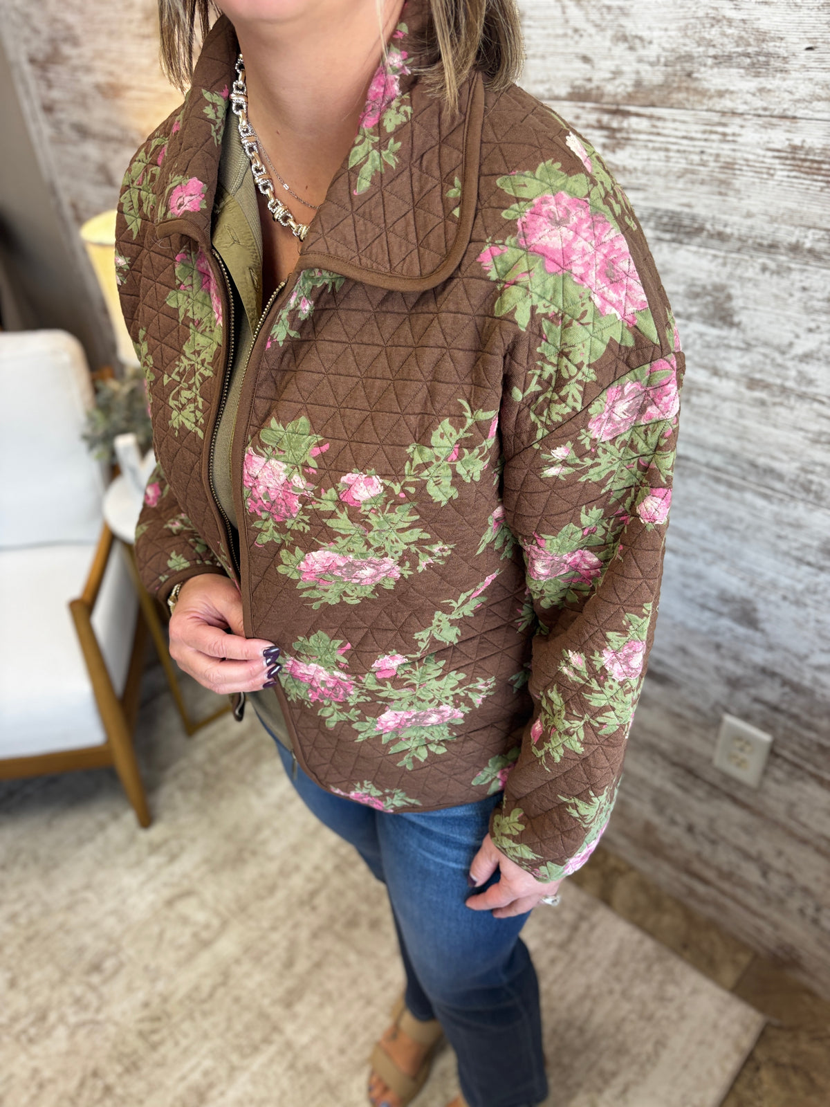 Brown Floral Print Quilted Zip-Up Jacket