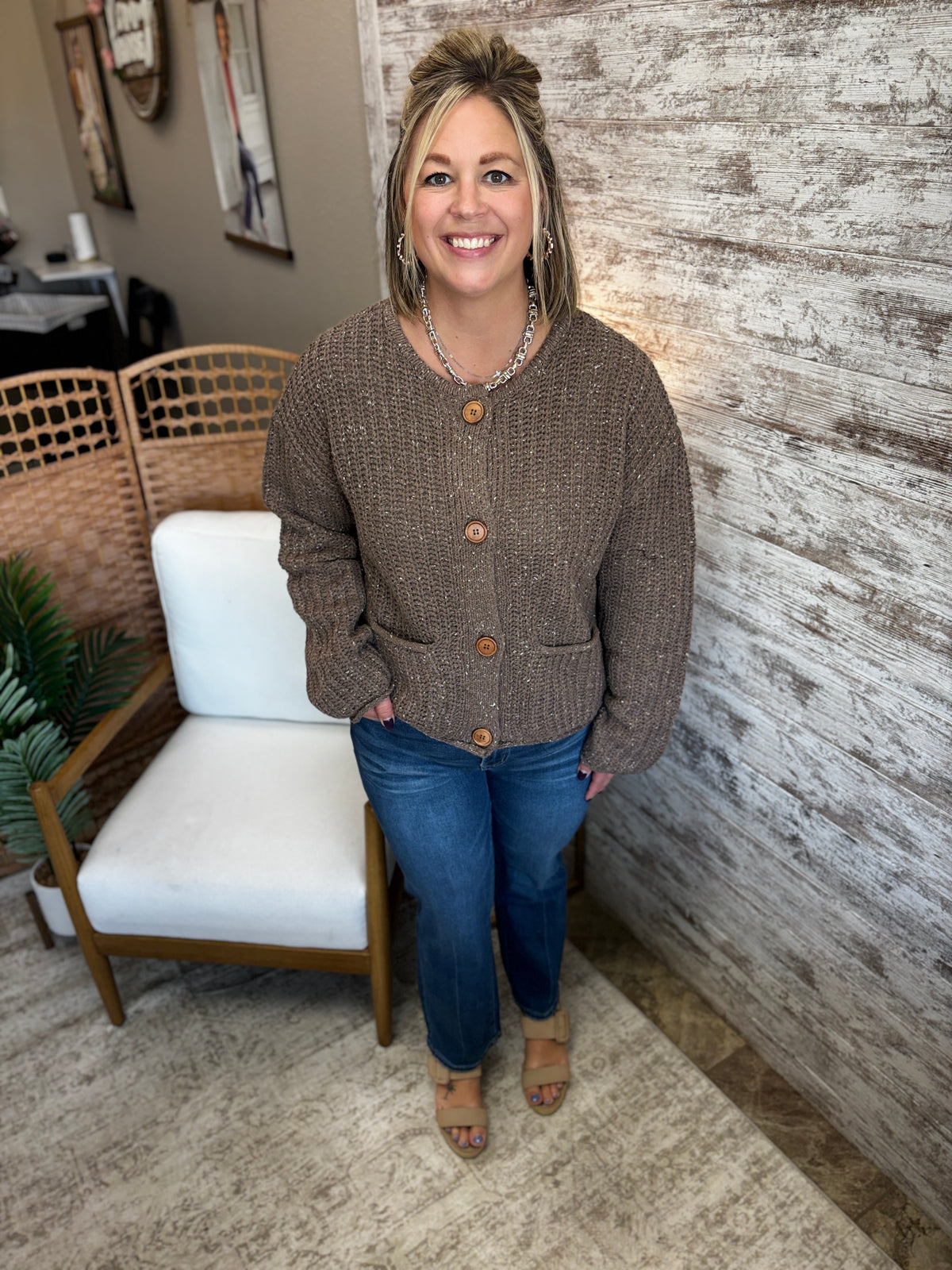Brown Button Down Chunky Knit Cardigan