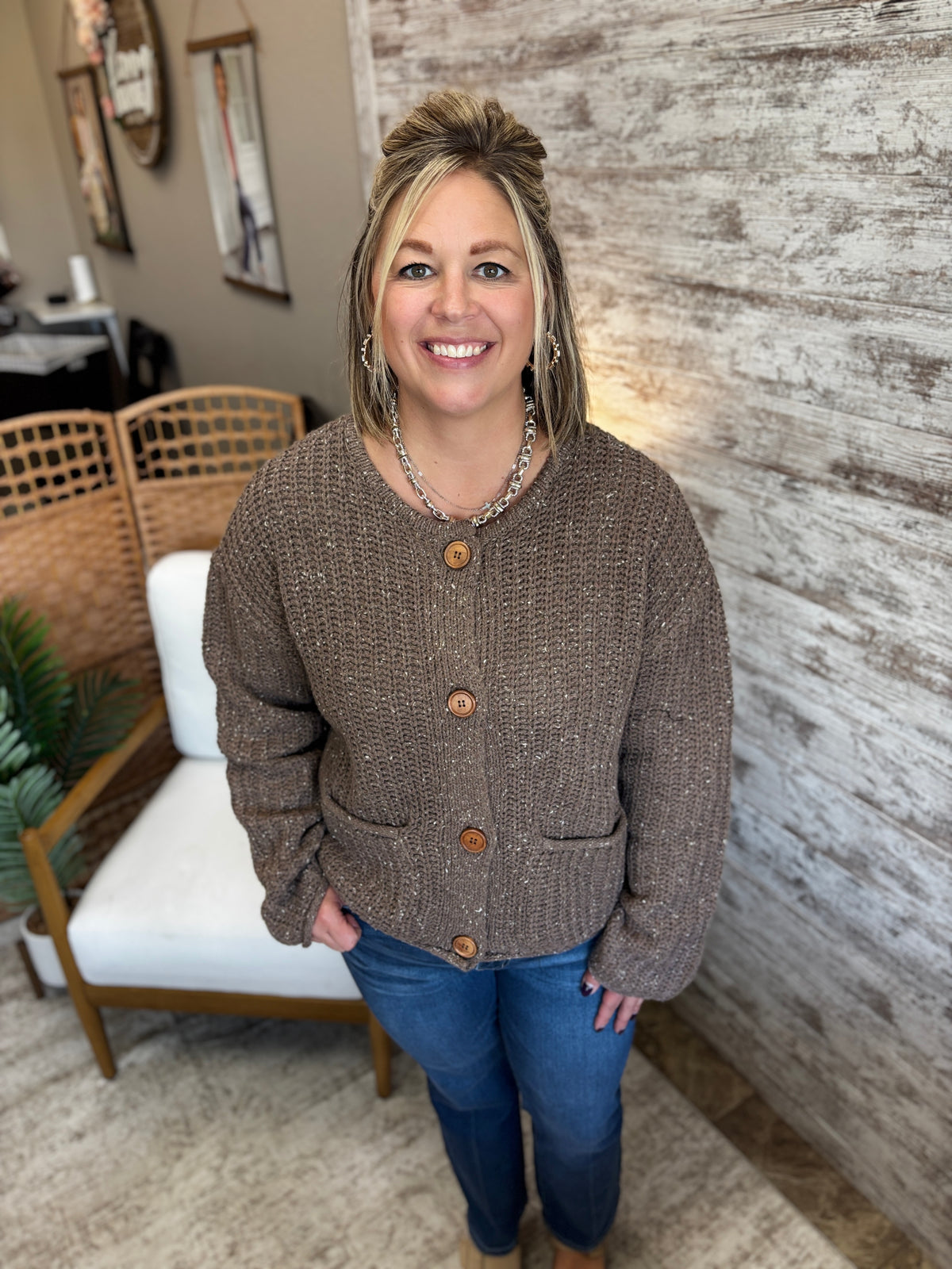 Brown Button Down Chunky Knit Cardigan