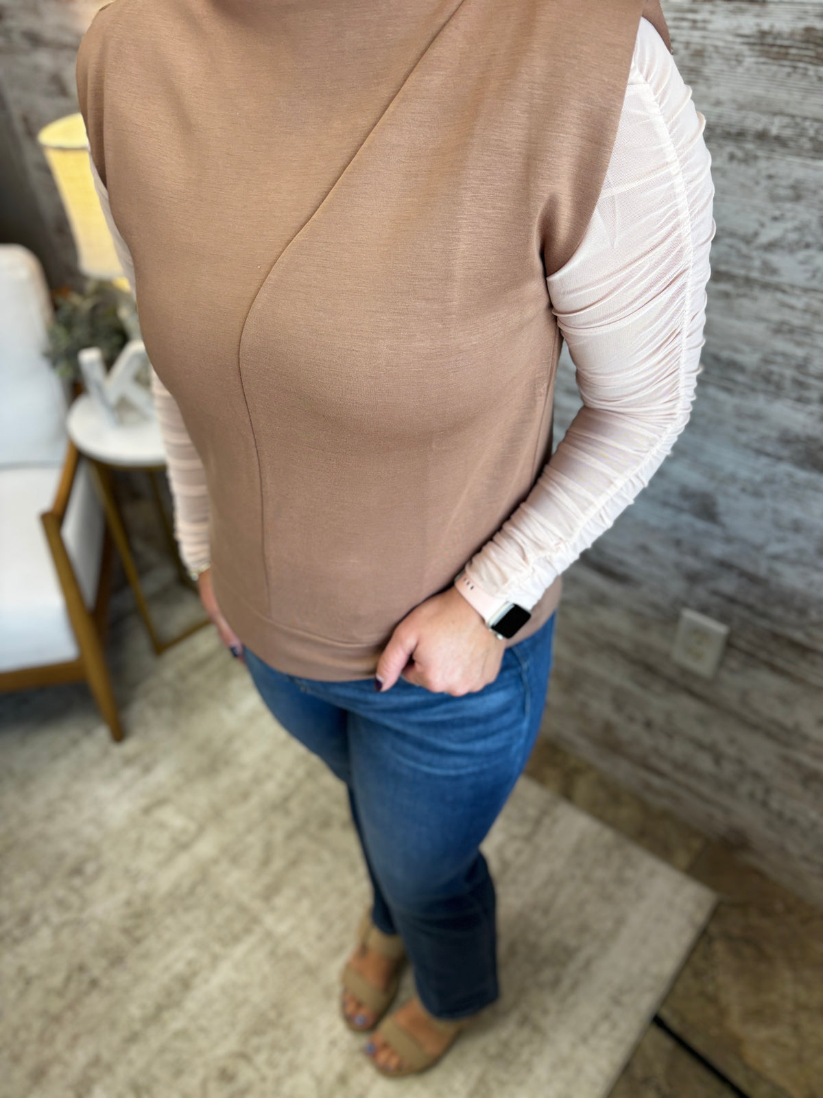 Mocha Brushed Modal Mock Neck Sleeveless Top