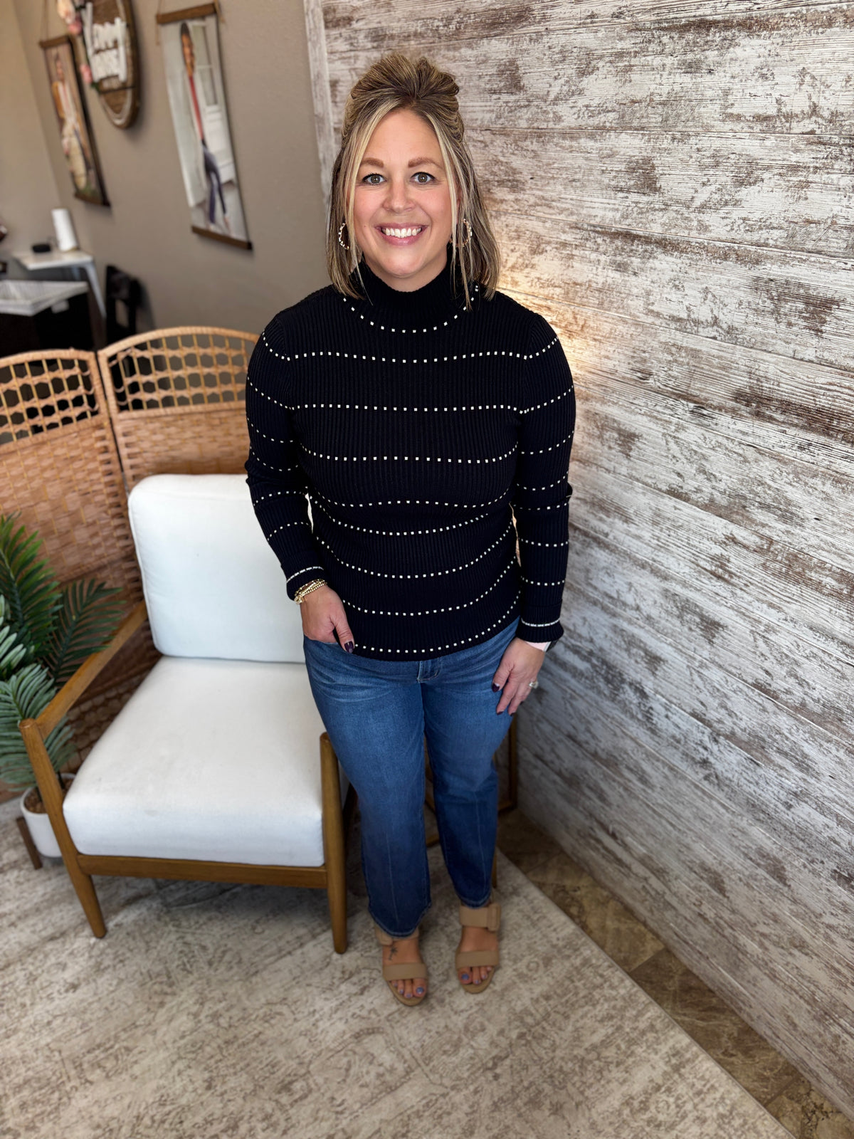 Black Striped Mock Neck Ribbed Sweater