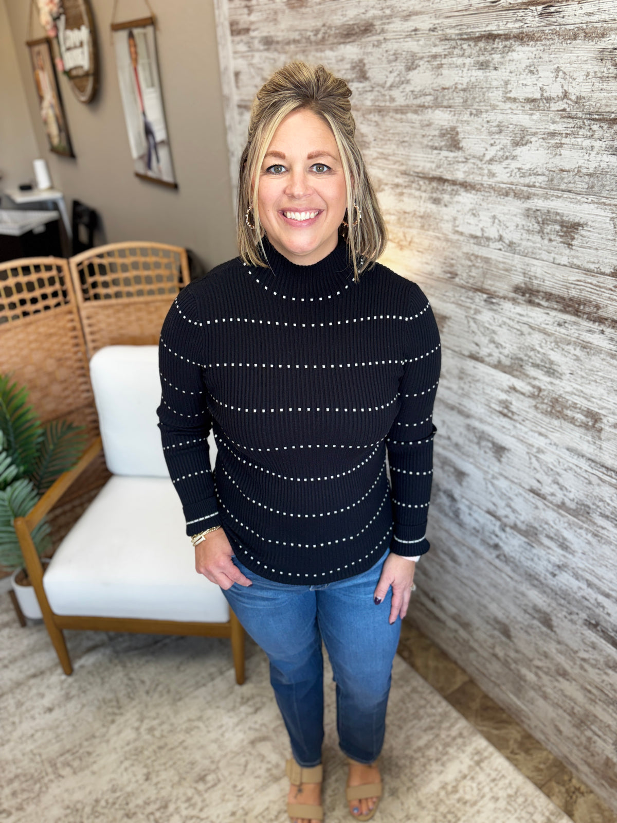 Black Striped Mock Neck Ribbed Sweater