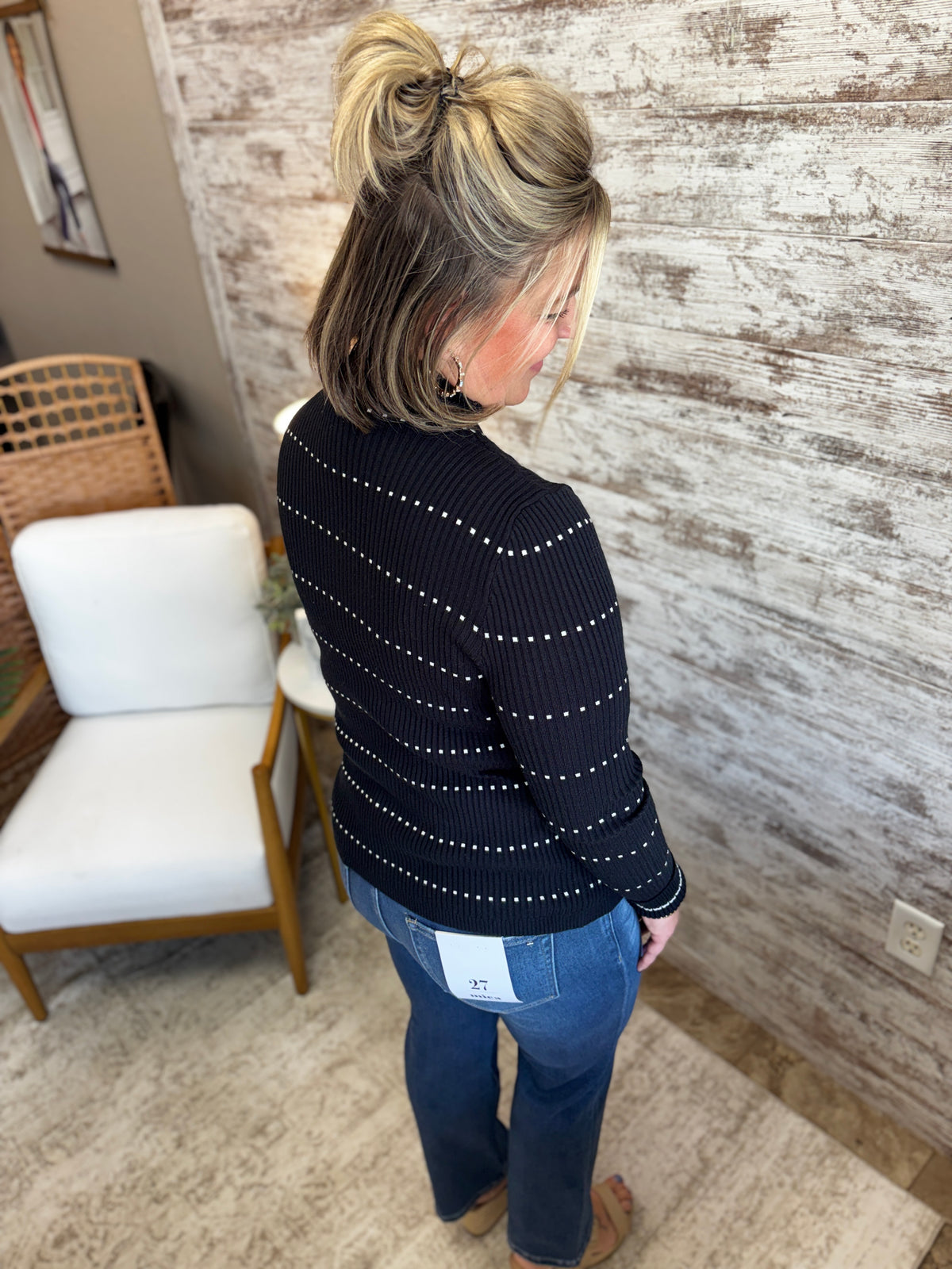 Black Striped Mock Neck Ribbed Sweater