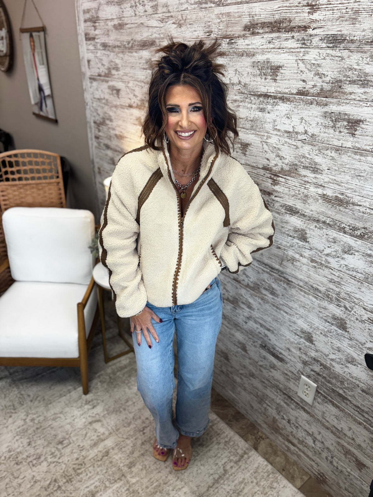 Oatmeal Crochet Trim Fleece Jacket