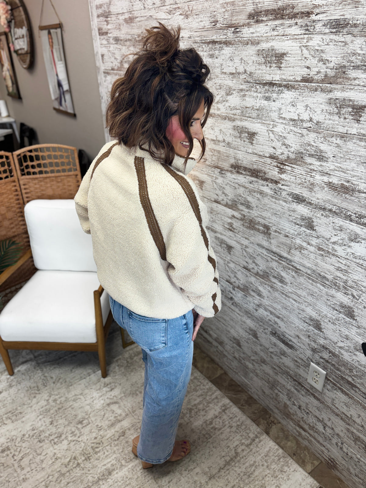 Oatmeal Crochet Trim Fleece Jacket
