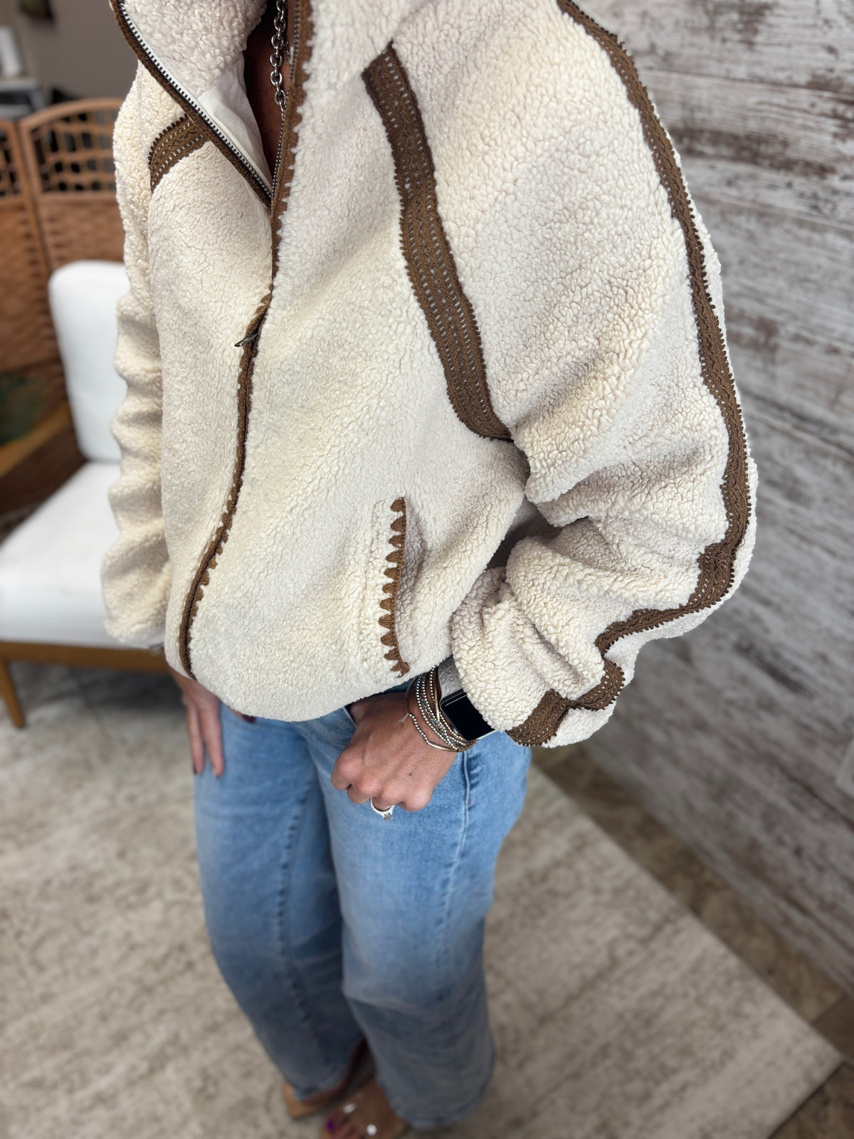 Oatmeal Crochet Trim Fleece Jacket