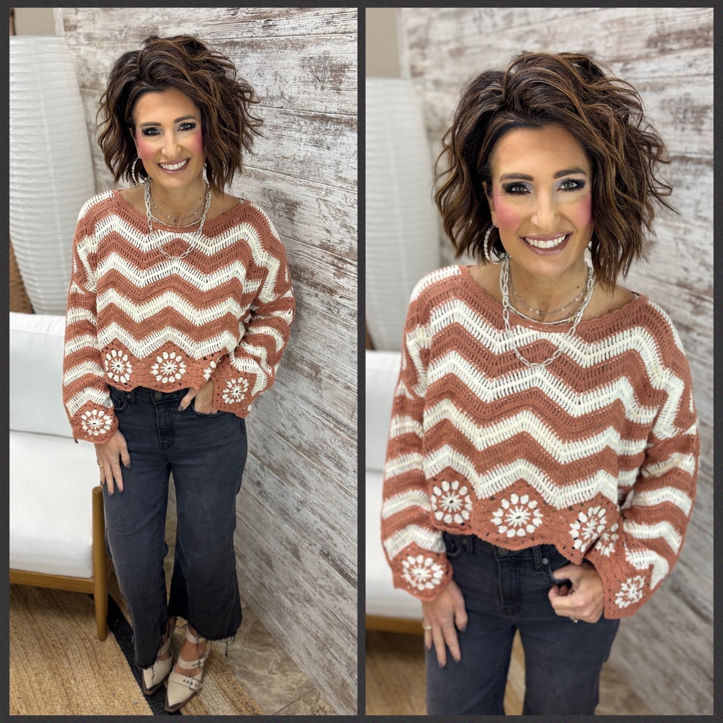 Camel Floral/Chevron Crochet Cropped Sweater