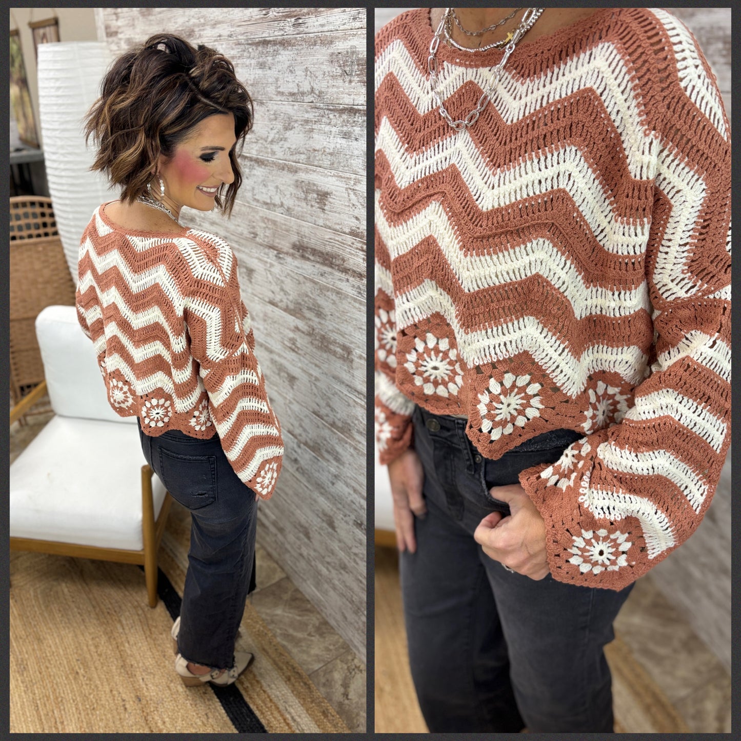 Camel Floral/Chevron Crochet Cropped Sweater