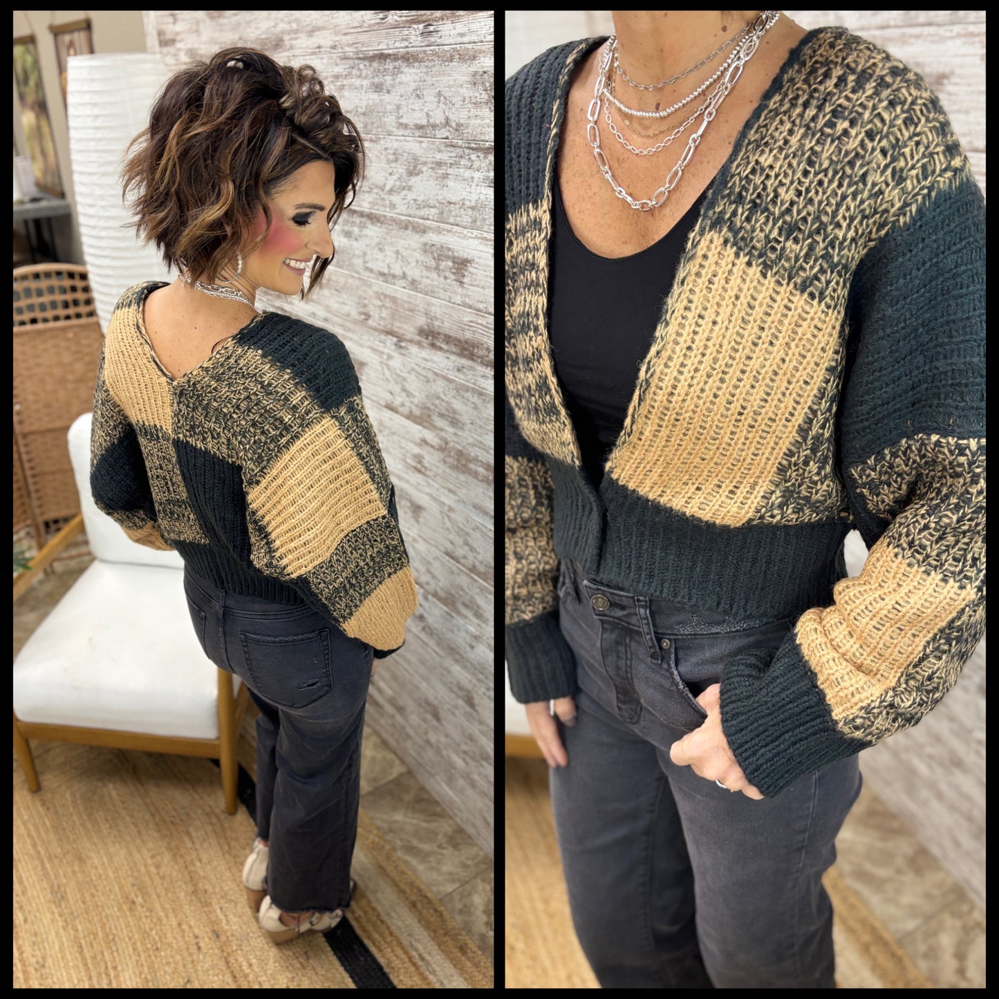 Black/Taupe Cropped Sweater Cardigan
