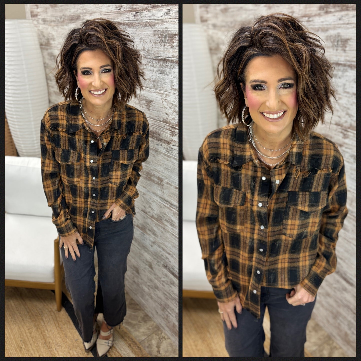 Distresssed Plaid Button Down Shirt ~ 2 Colors