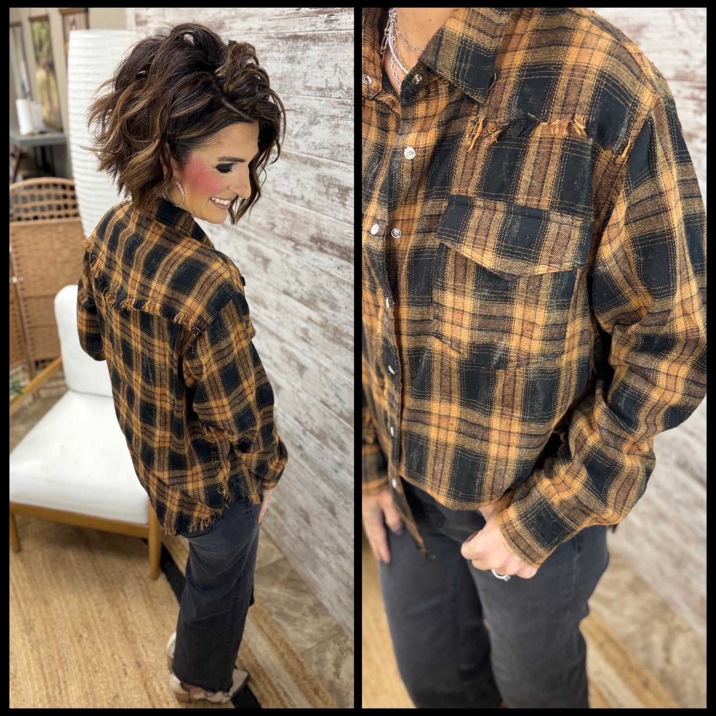 Distresssed Plaid Button Down Shirt ~ 2 Colors