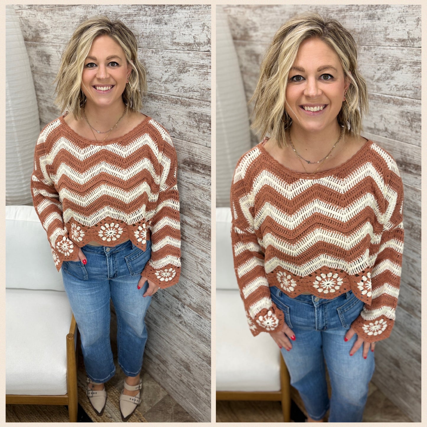 Camel Floral/Chevron Crochet Cropped Sweater