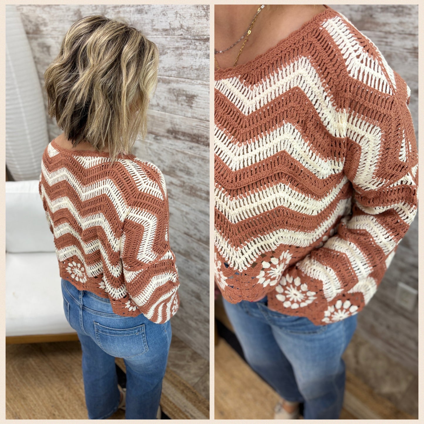 Camel Floral/Chevron Crochet Cropped Sweater