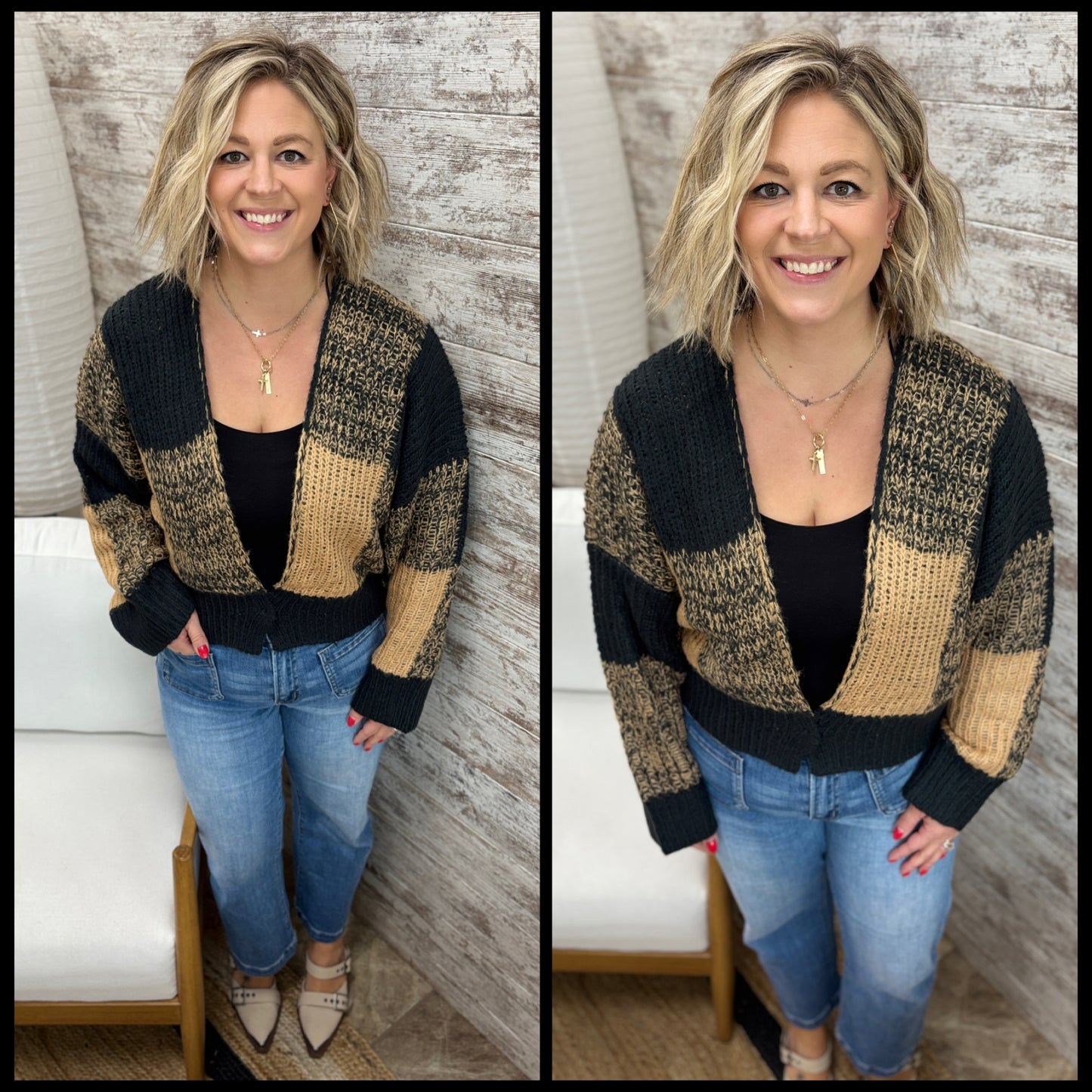 Black/Taupe Cropped Sweater Cardigan