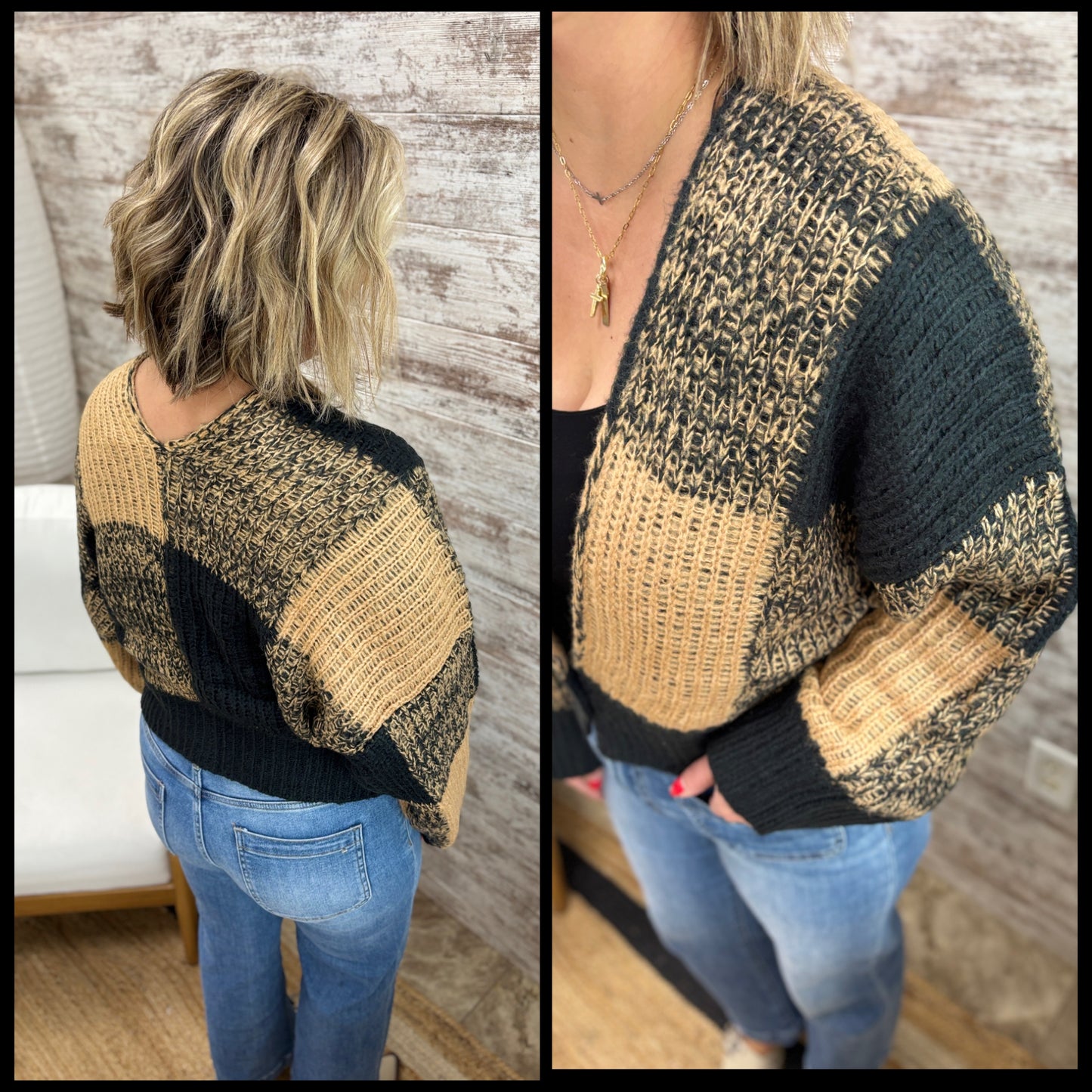 Black/Taupe Cropped Sweater Cardigan