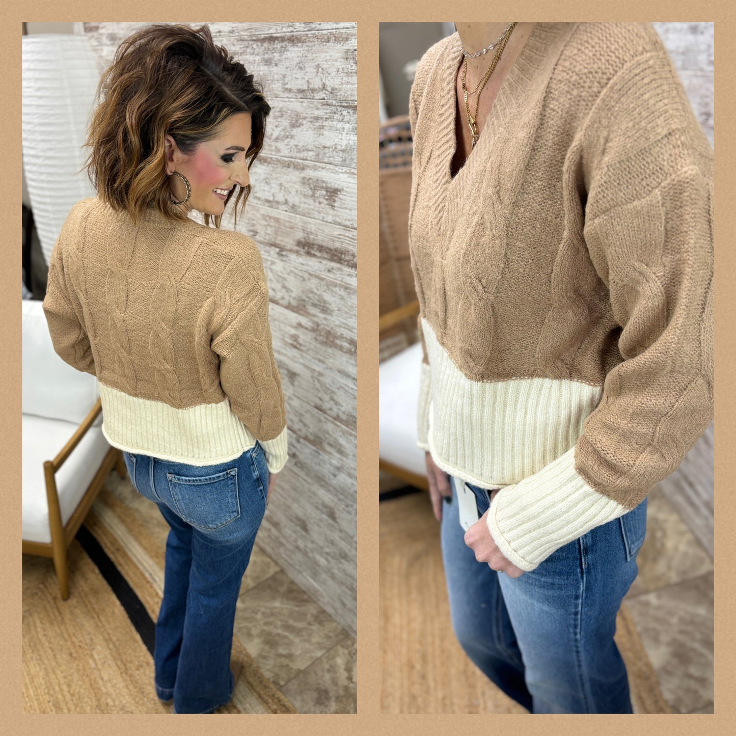 Mocha/Oatmeal Cable Knit Contrast Crop Sweater