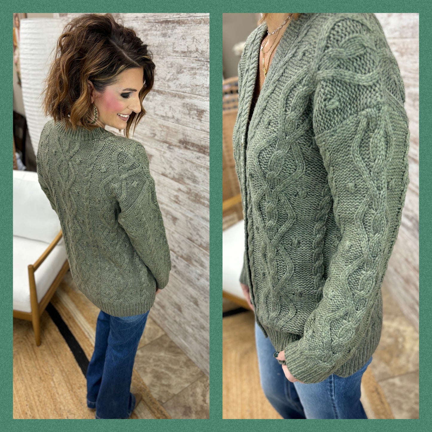 Dark Sage Cable Knit Cardigan