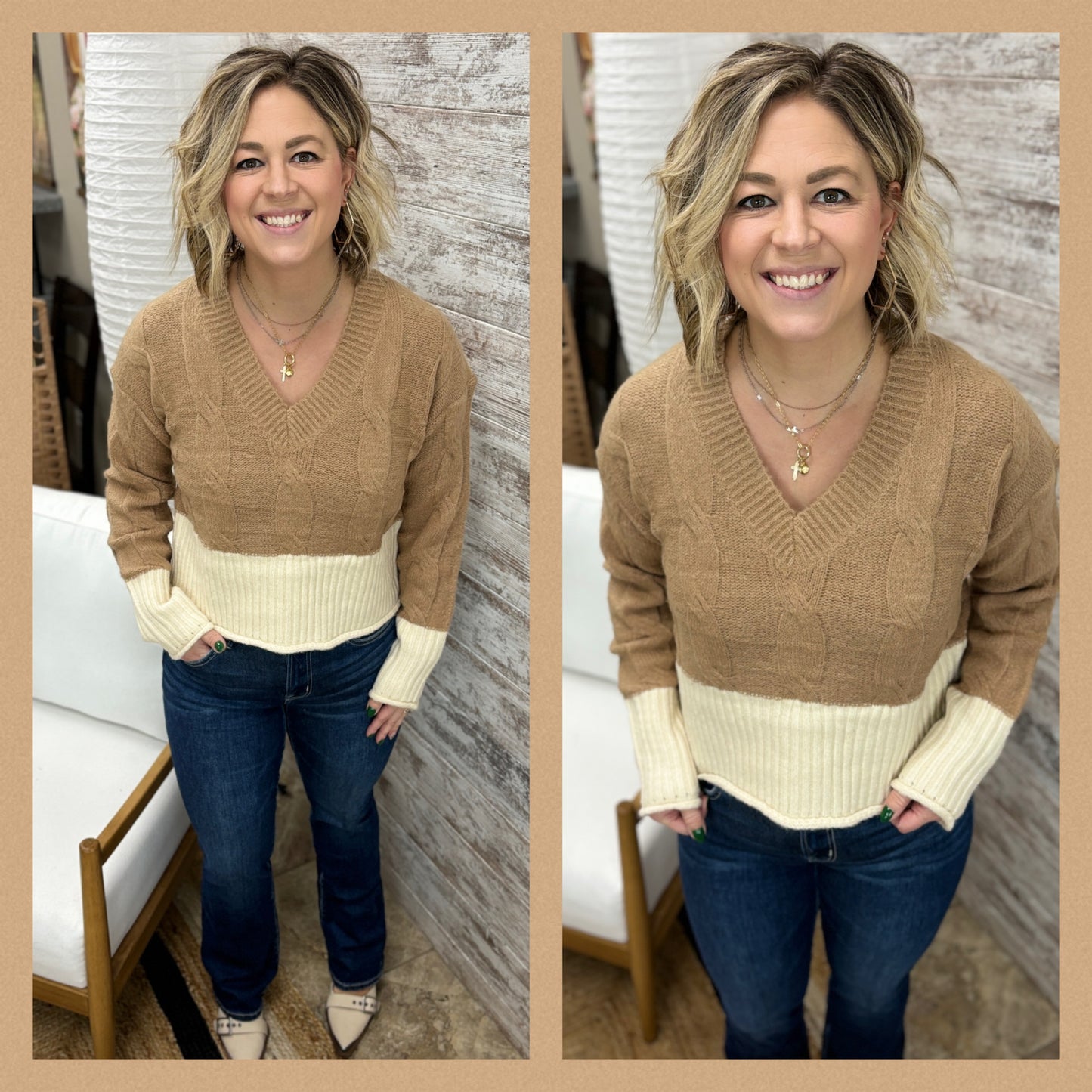 Mocha/Oatmeal Cable Knit Contrast Crop Sweater