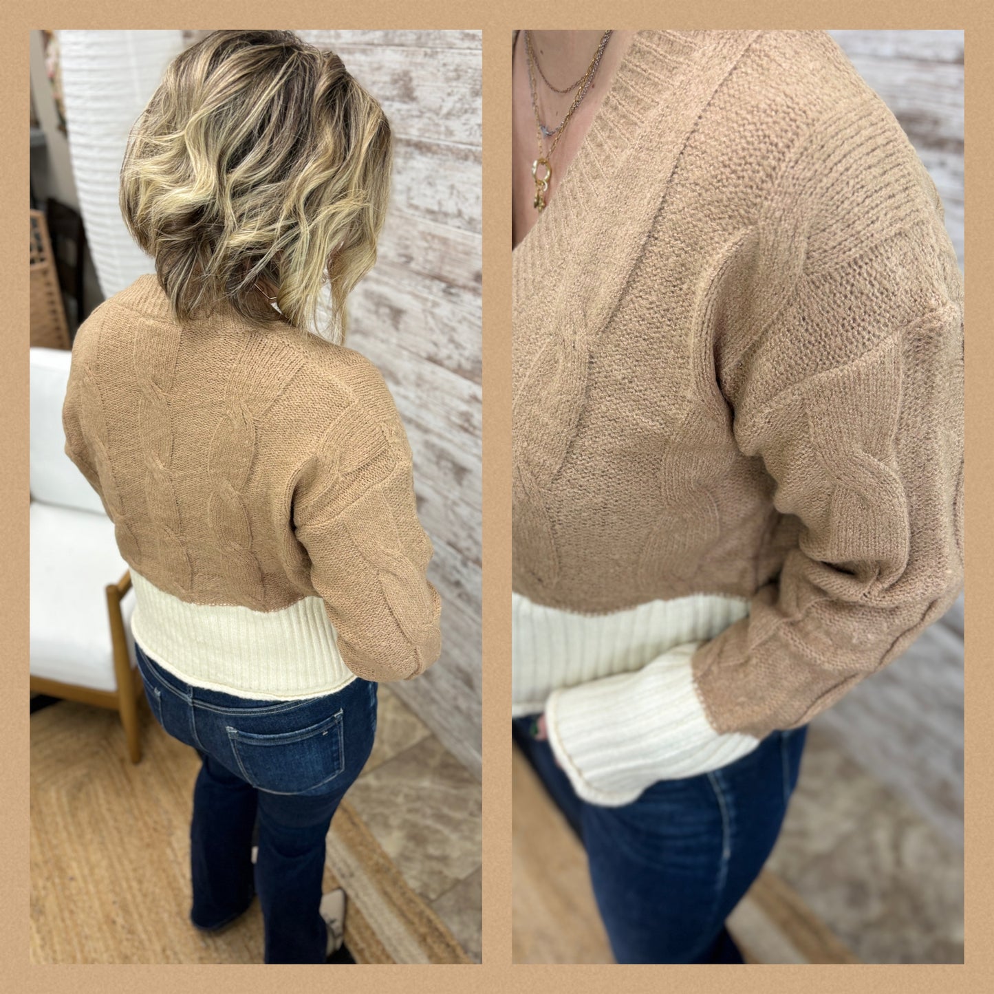 Mocha/Oatmeal Cable Knit Contrast Crop Sweater