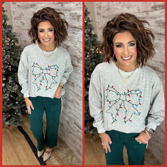 Grey Bow with Christmas Lights Crew Neck