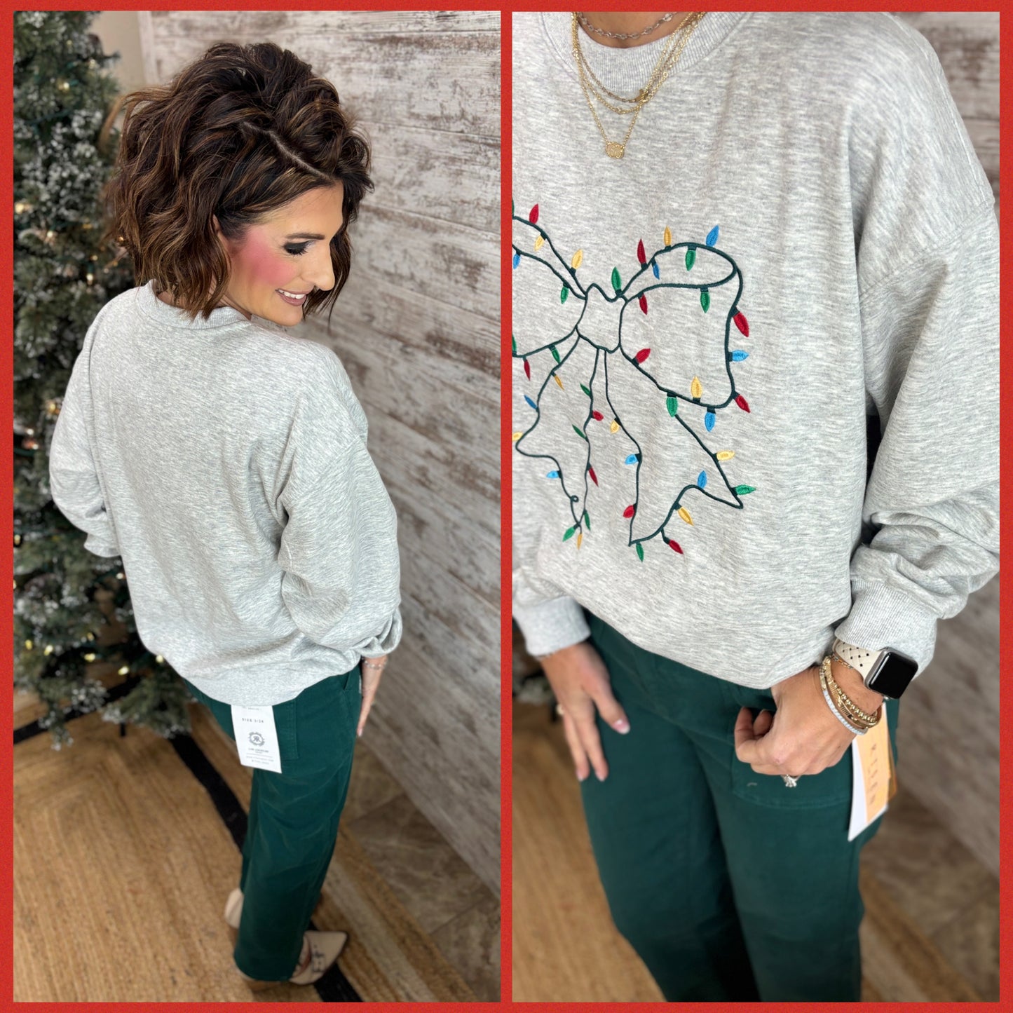 Grey Bow with Christmas Lights Crew Neck