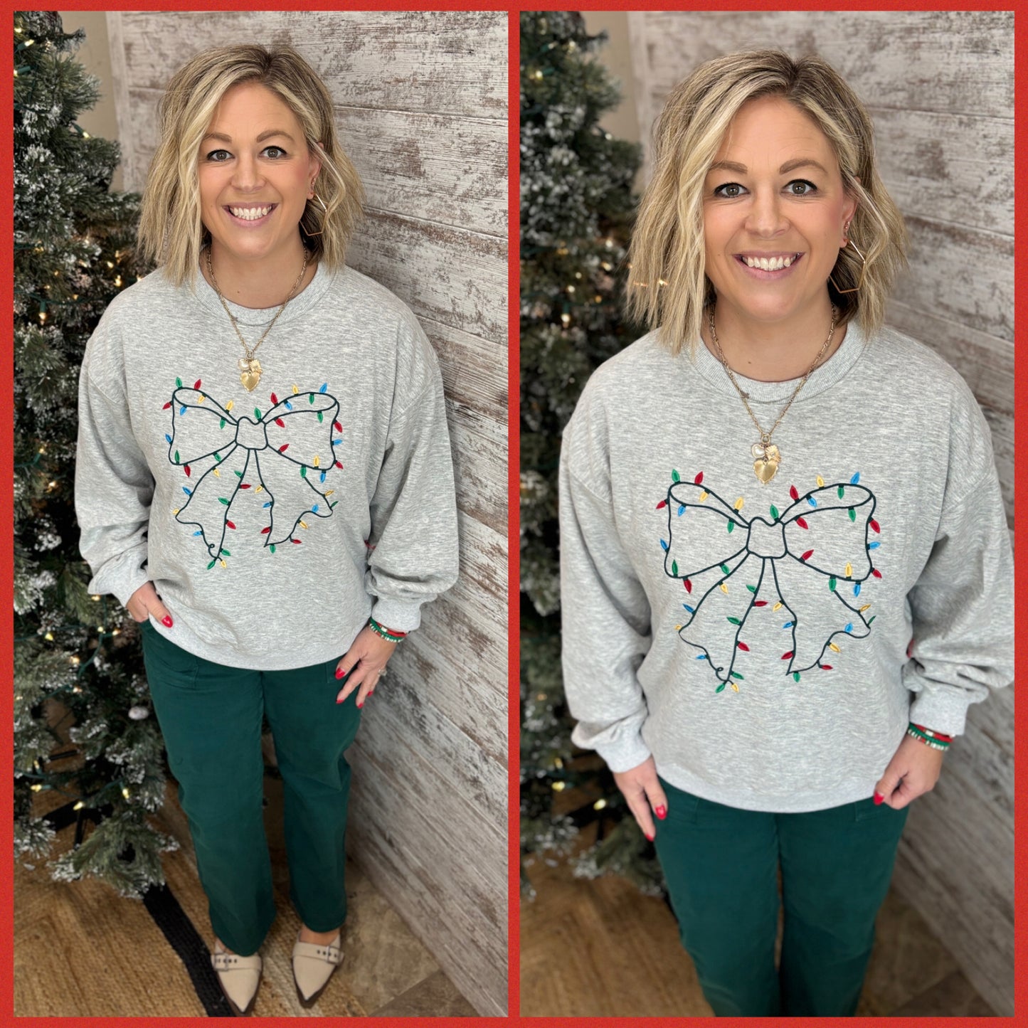 Grey Bow with Christmas Lights Crew Neck