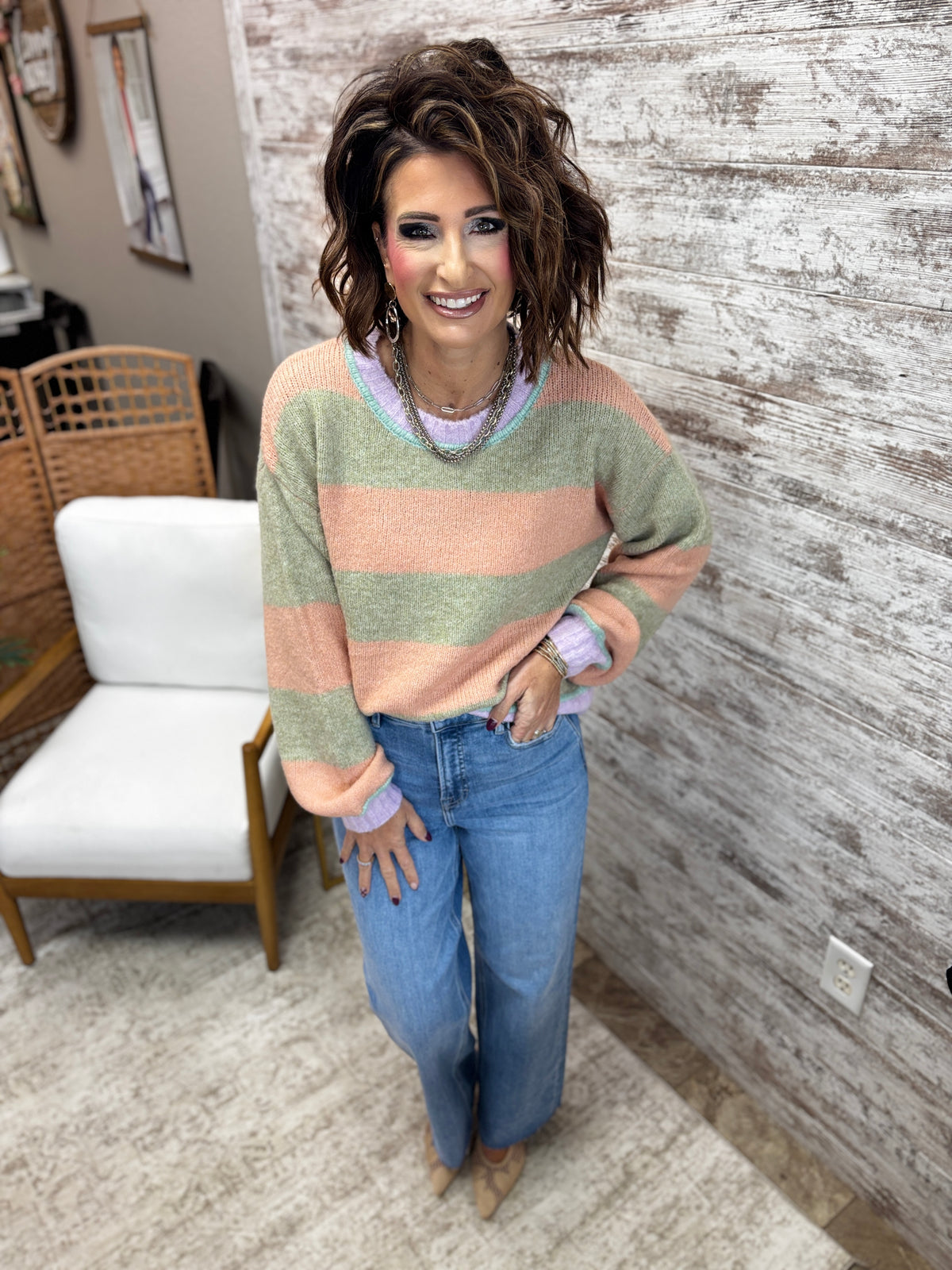 Green and Light Orange Contrast Striped Sweater