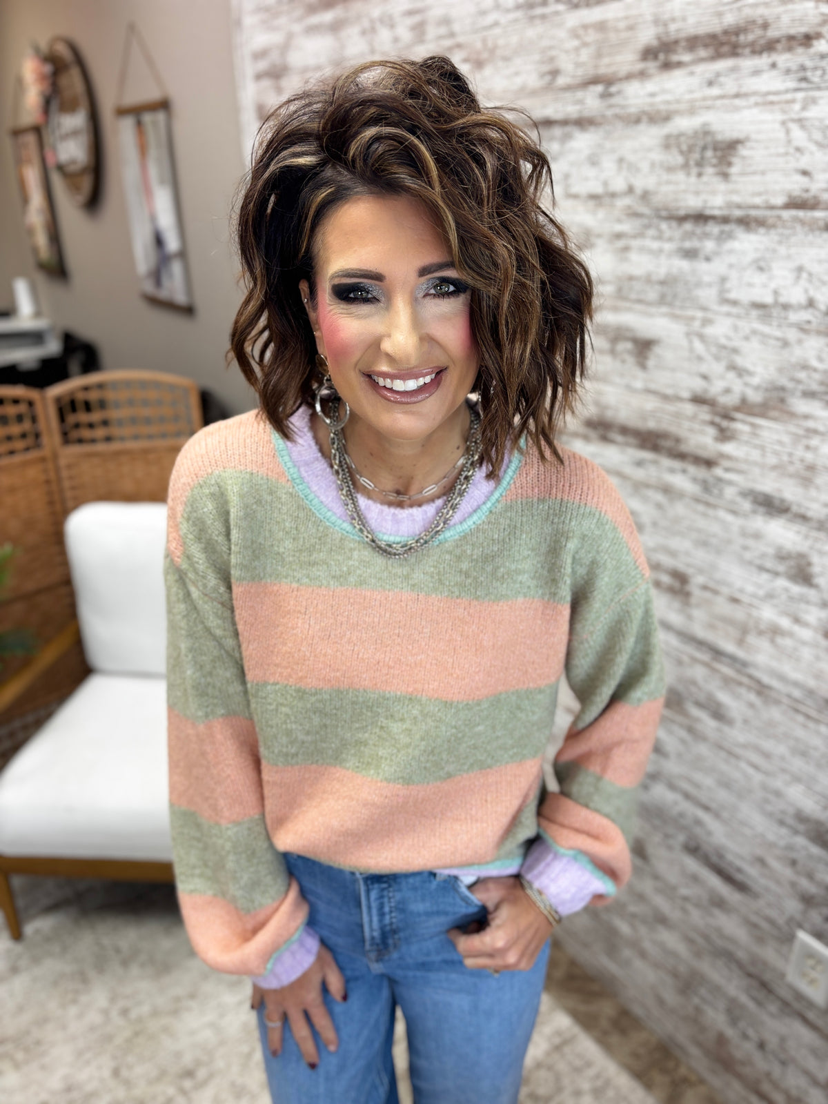 Green and Light Orange Contrast Striped Sweater