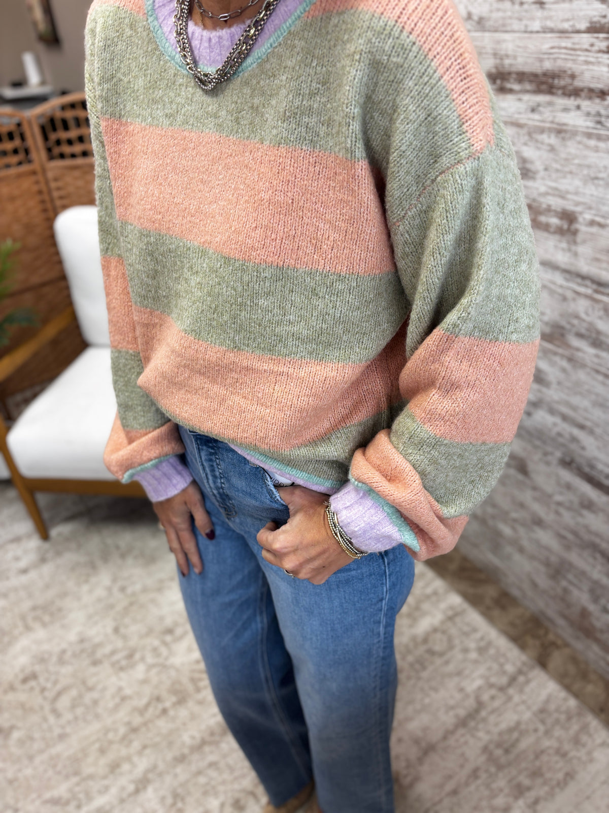 Green and Light Orange Contrast Striped Sweater