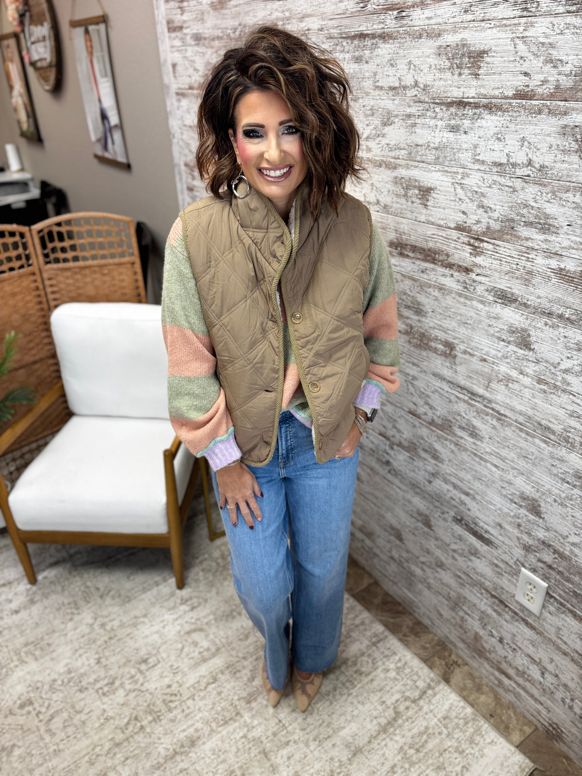 Mocha Reversible Sherpa Quilted High Collared Button Down Vest