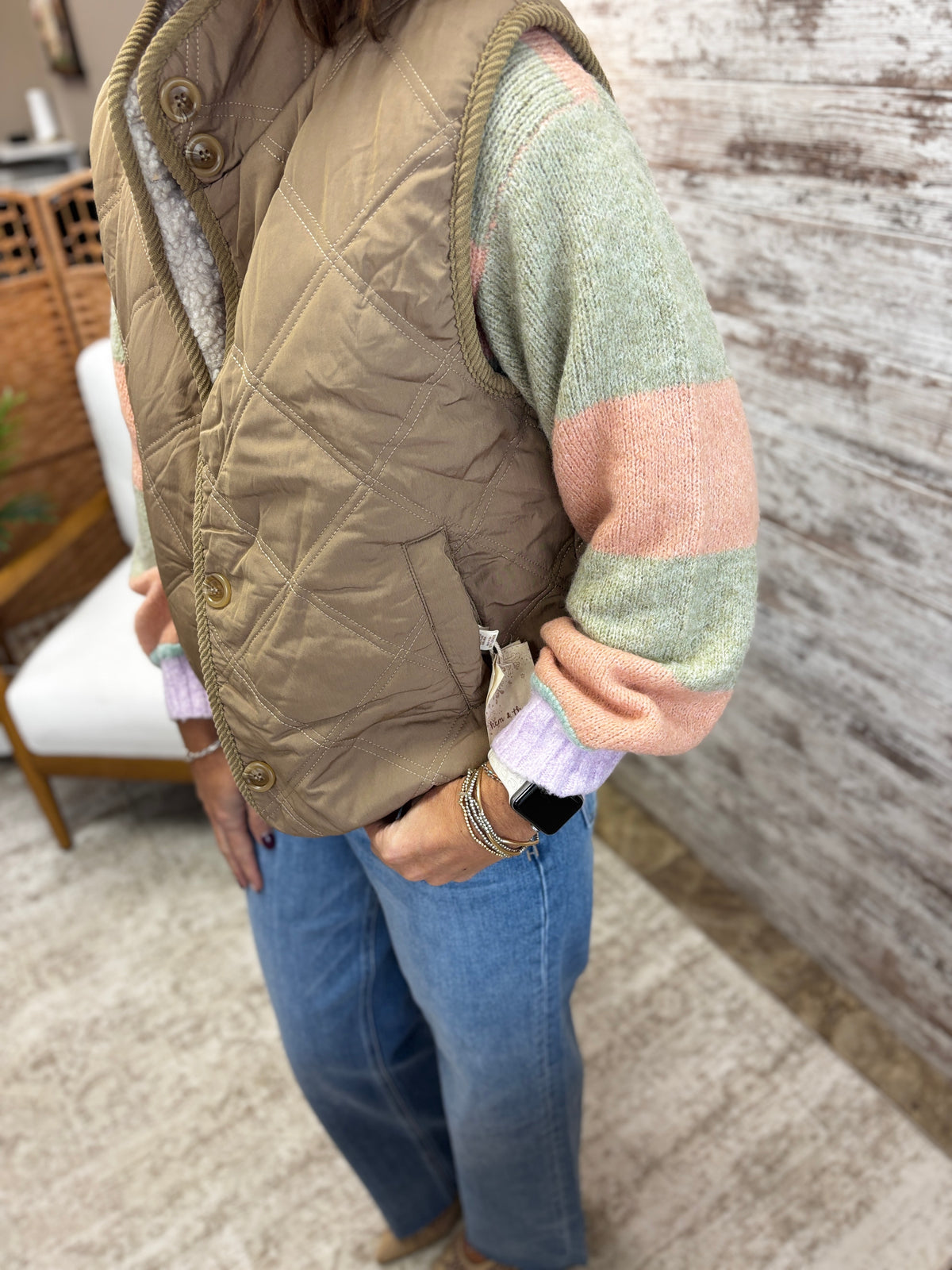 Mocha Reversible Sherpa Quilted High Collared Button Down Vest