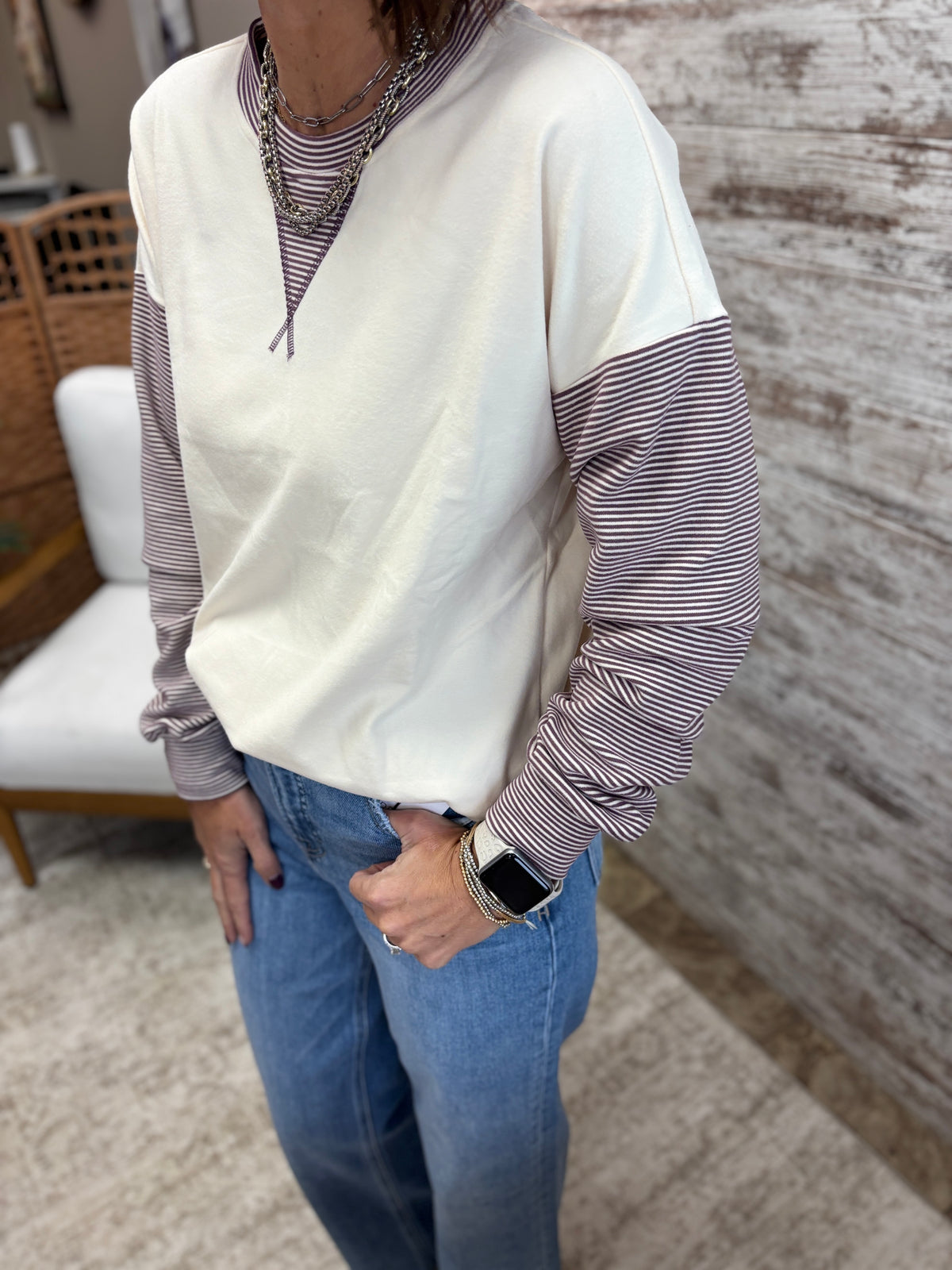 Purple Pinstripe Blocked Micro Brushed Top