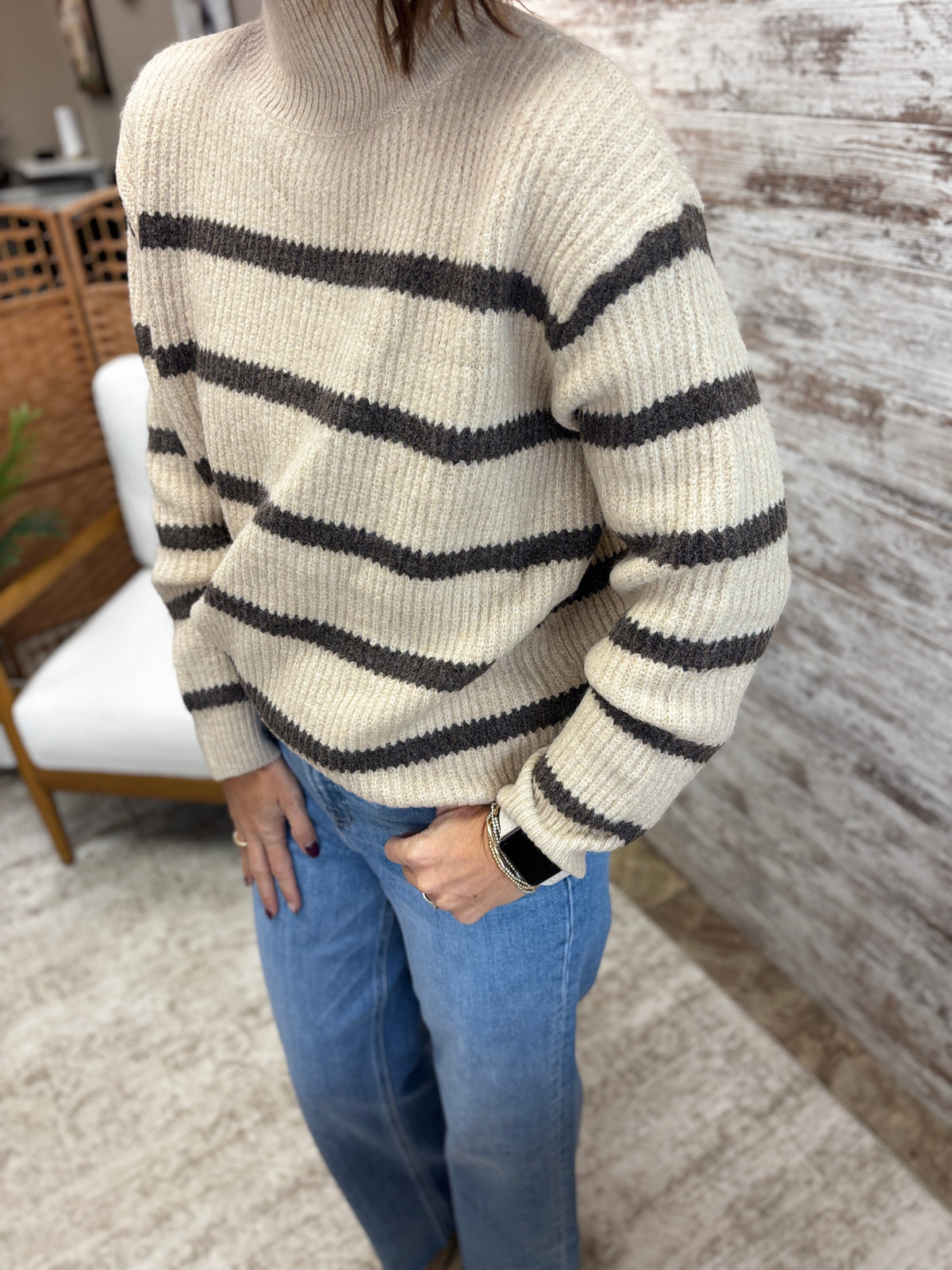 Brown Striped Mock Neck Knit Sweater