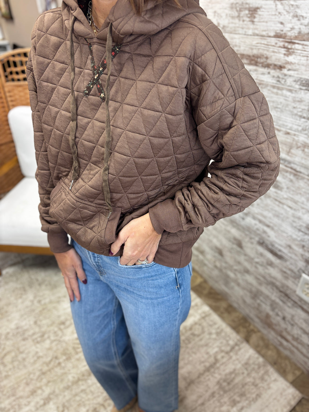 Brown Quilted Drawstring Hoodie Top