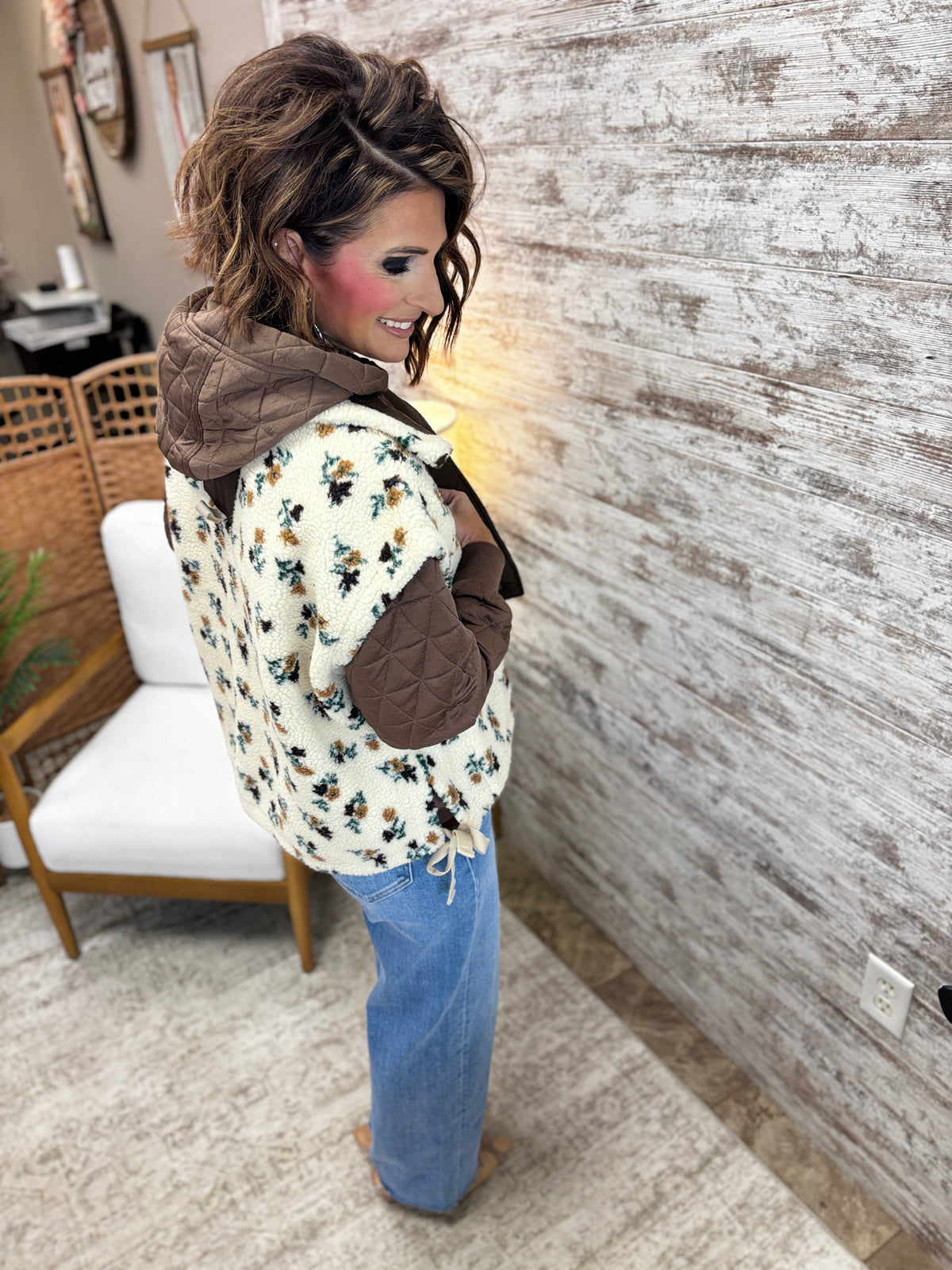 Oatmeal Floral Sherpa Boxy Fit Vest