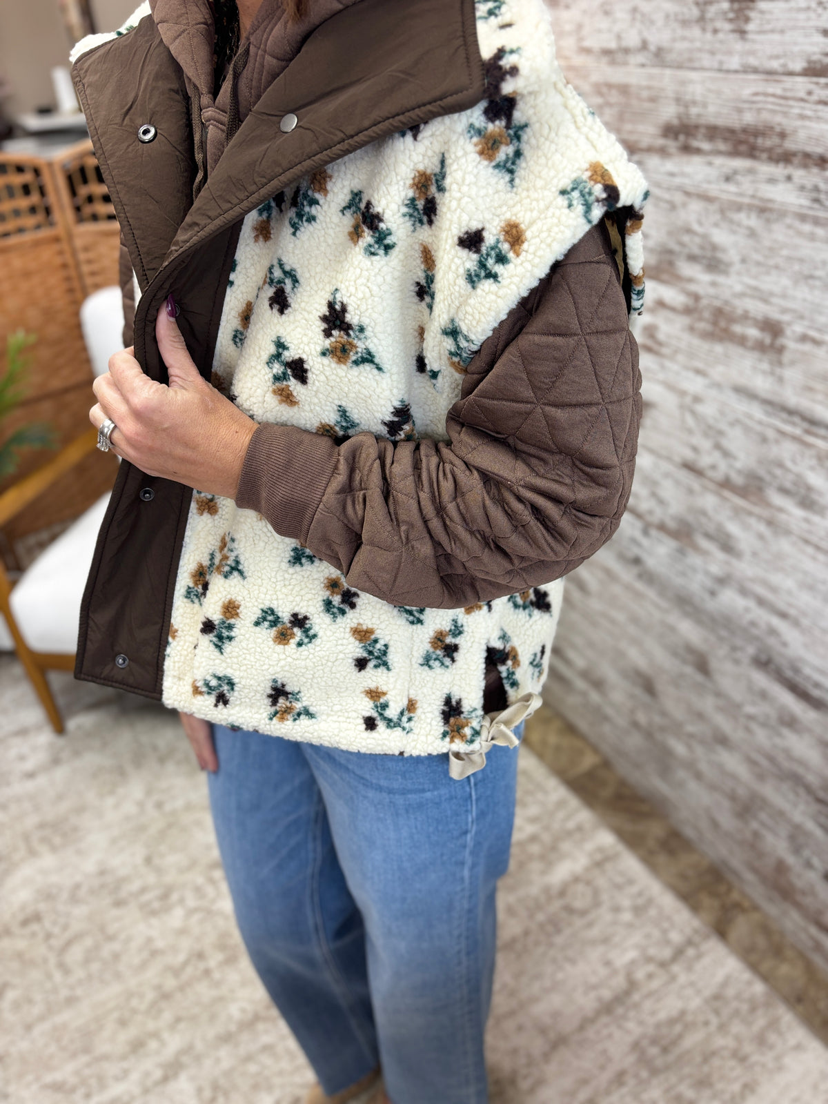 Oatmeal Floral Sherpa Boxy Fit Vest