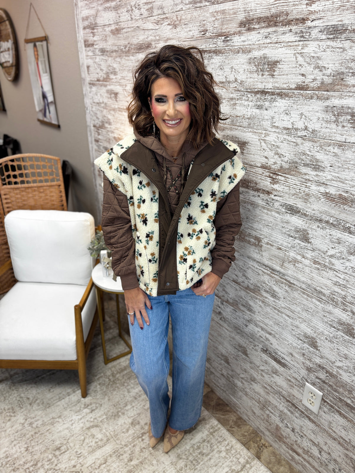Oatmeal Floral Sherpa Boxy Fit Vest