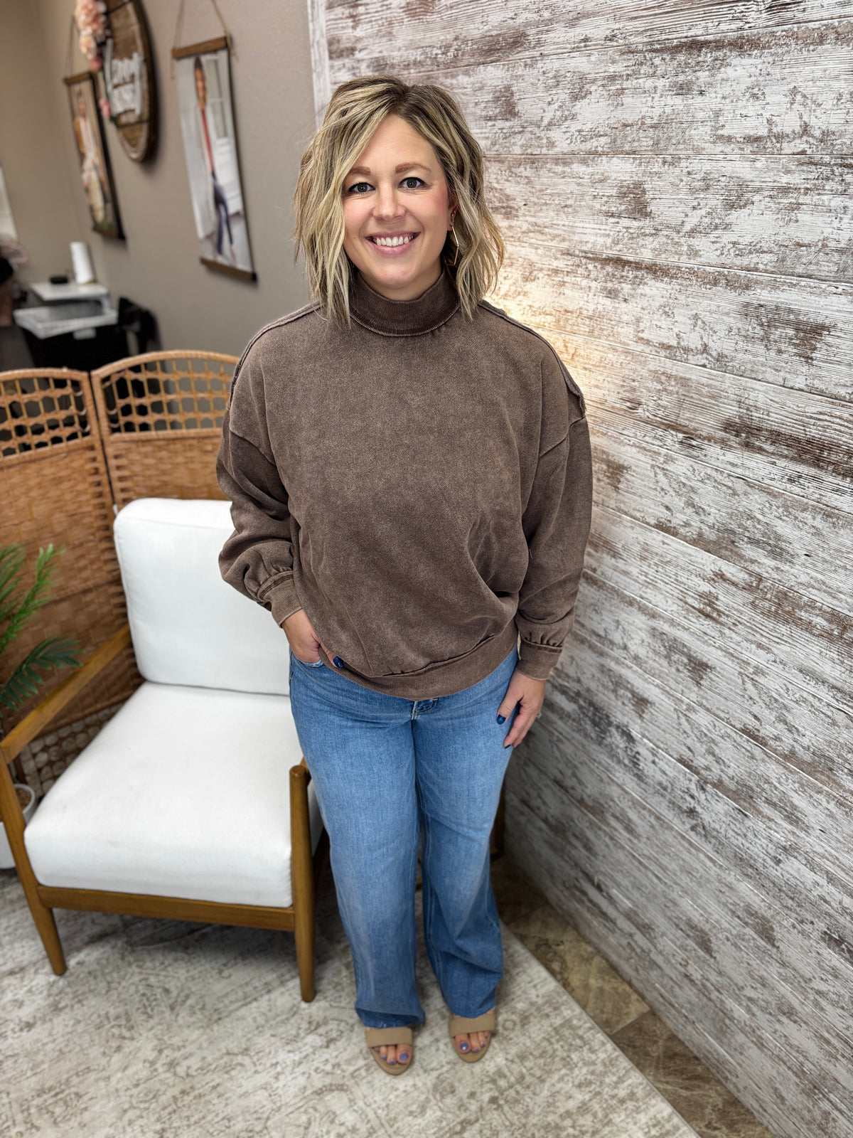 Brown Acid Washed Mock Neck Sweatshirt