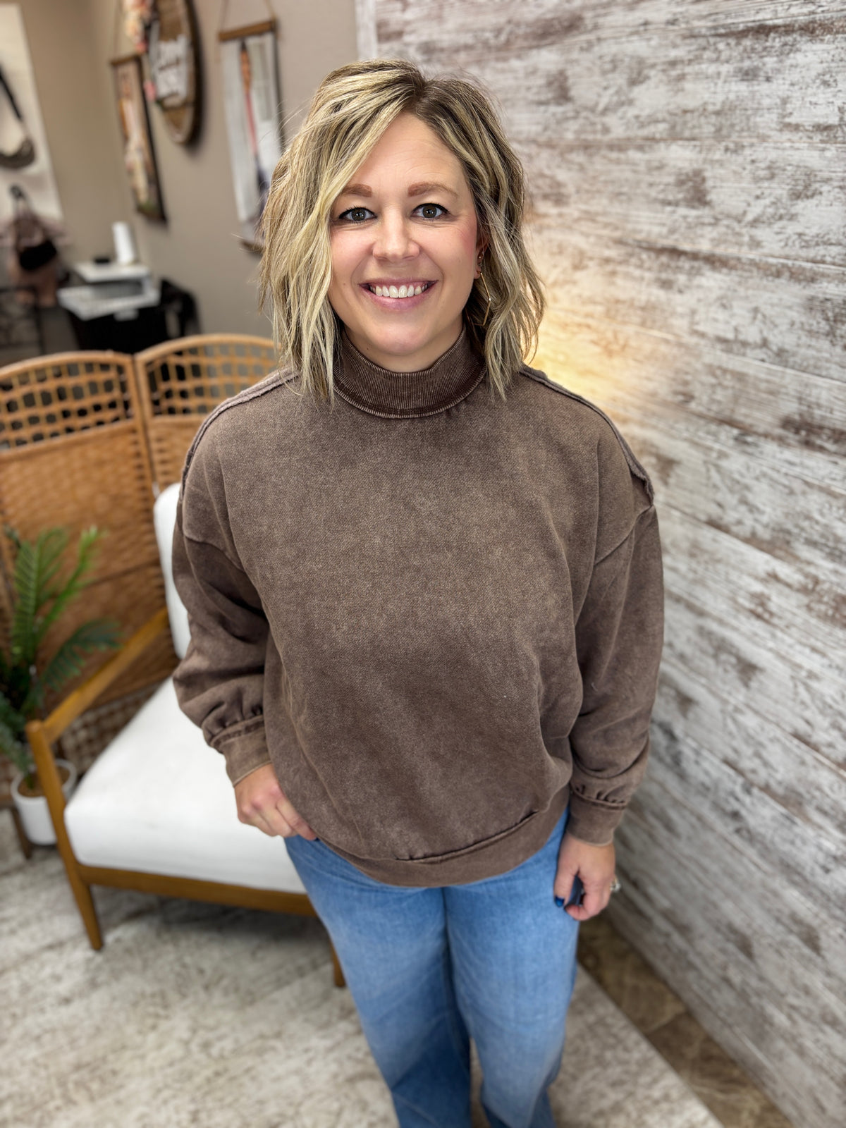 Brown Acid Washed Mock Neck Sweatshirt