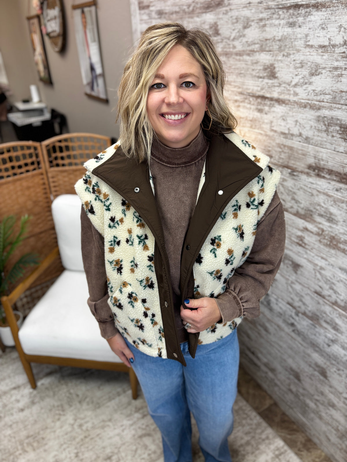 Oatmeal Floral Sherpa Boxy Fit Vest